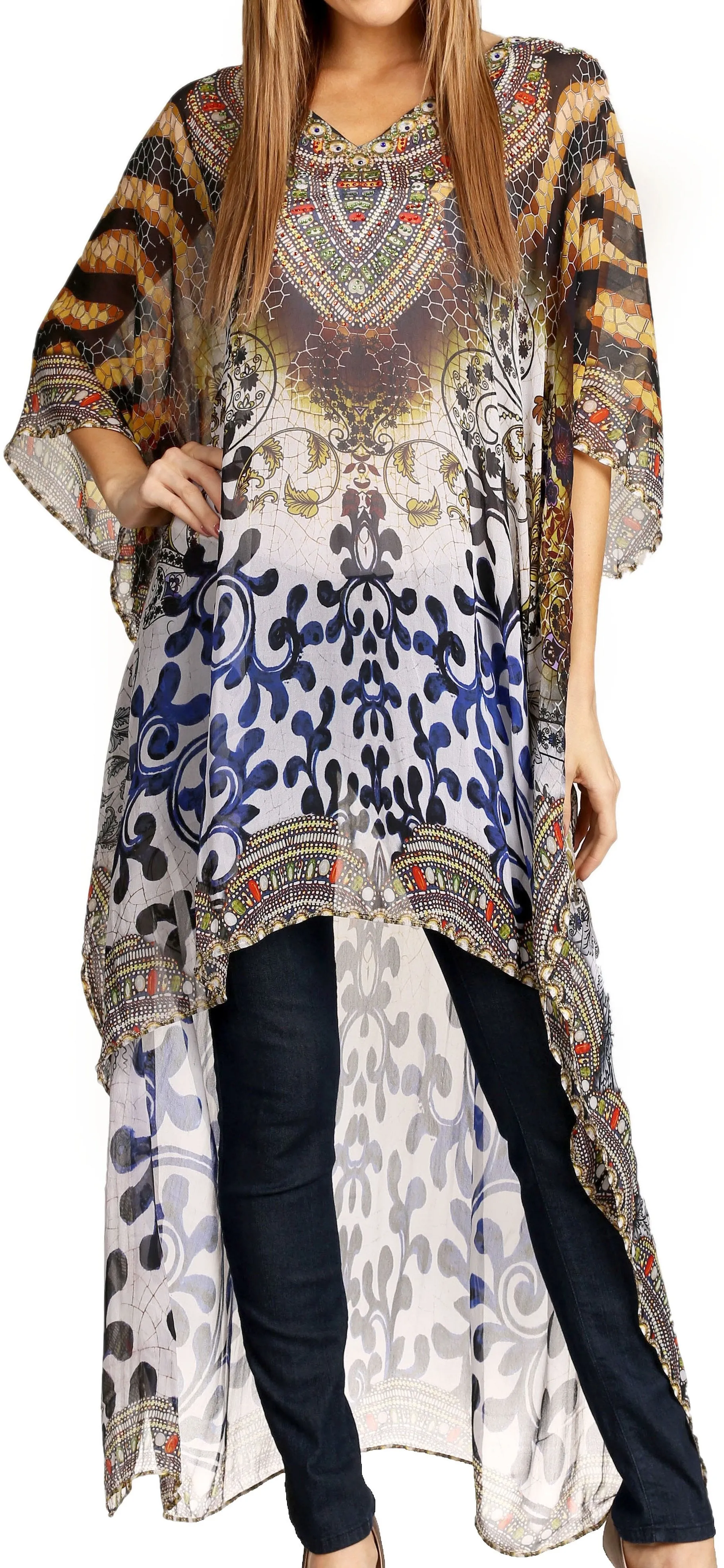 Sakkas Zeke Hi Low V-Neck Caftan Dress Printed Top Cover / Up