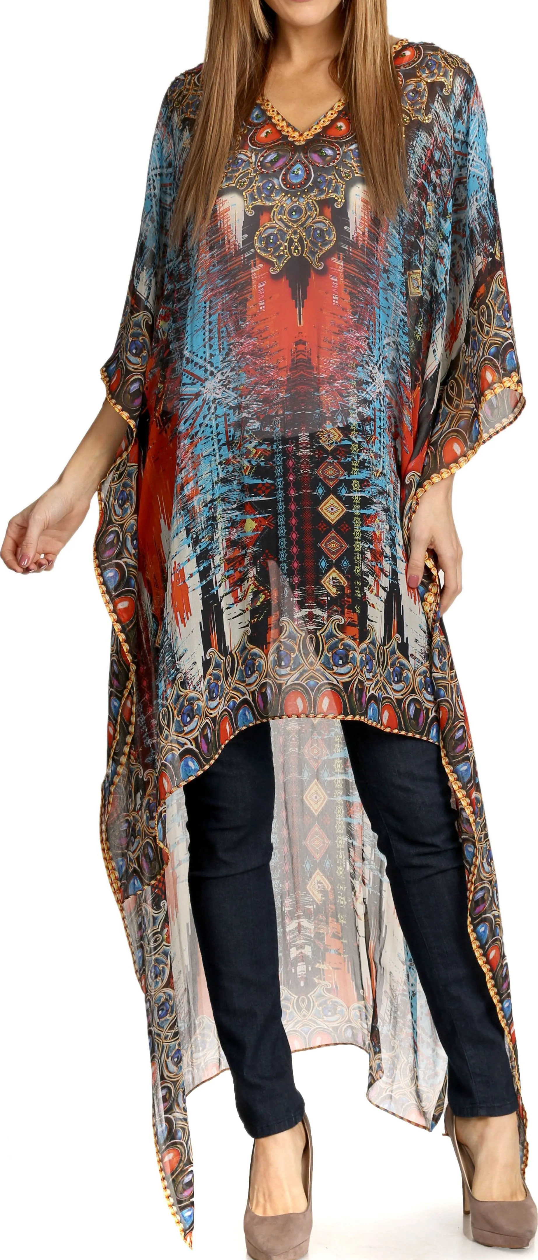 Sakkas Zeke Hi Low V-Neck Caftan Dress Printed Top Cover / Up