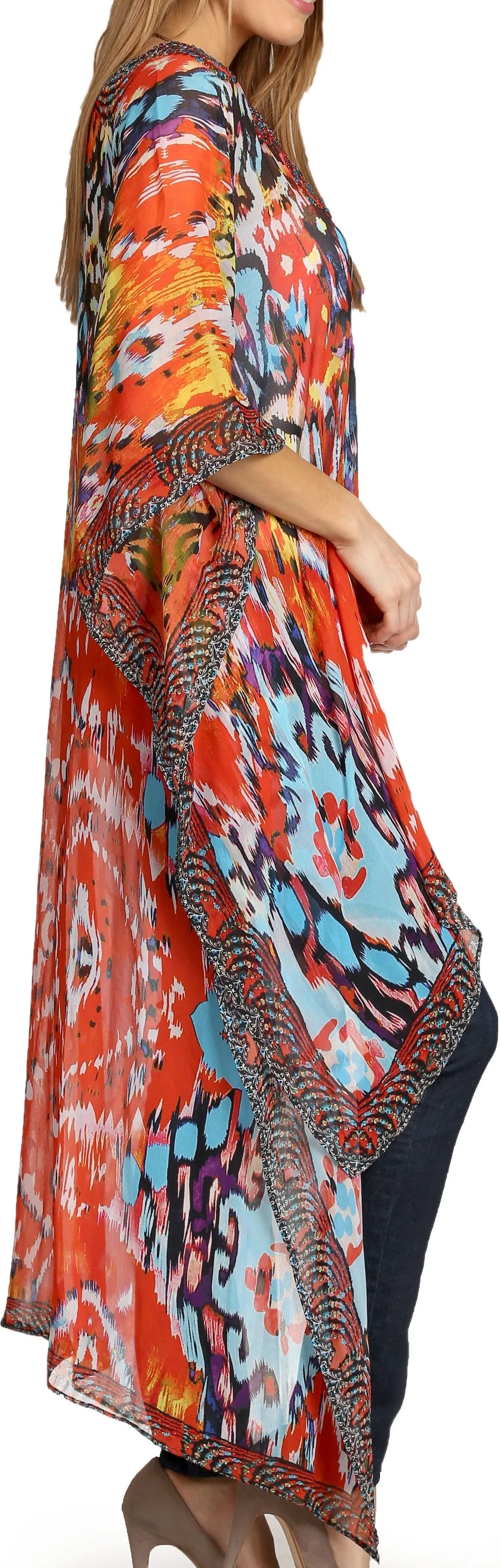 Sakkas Zeke Hi Low V-Neck Caftan Dress Printed Top Cover / Up