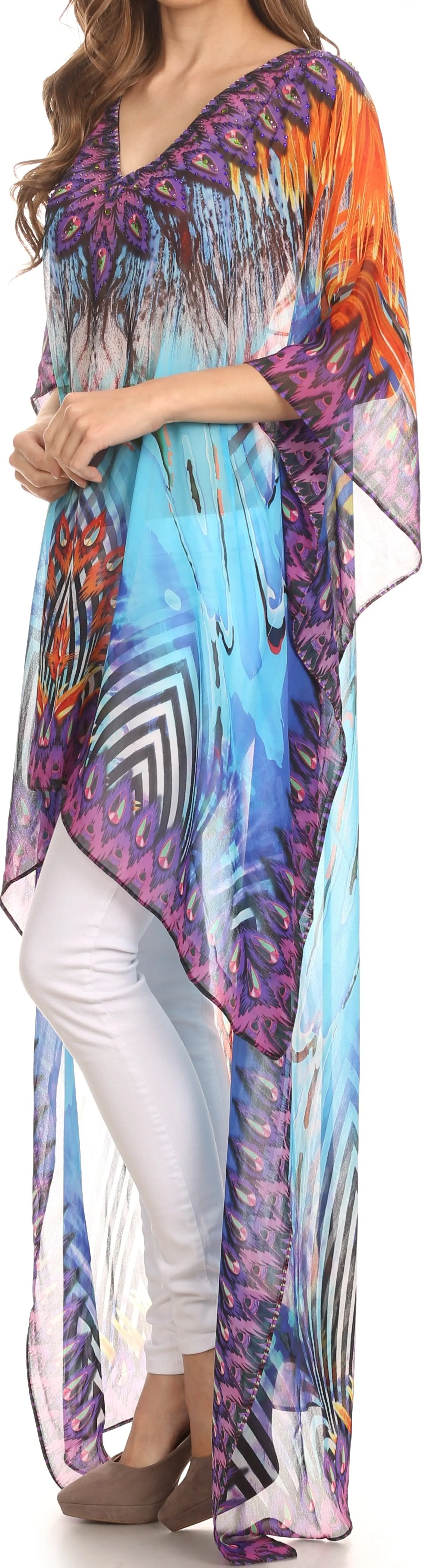 Sakkas Zeke Hi Low V-Neck Caftan Dress Printed Top Cover / Up