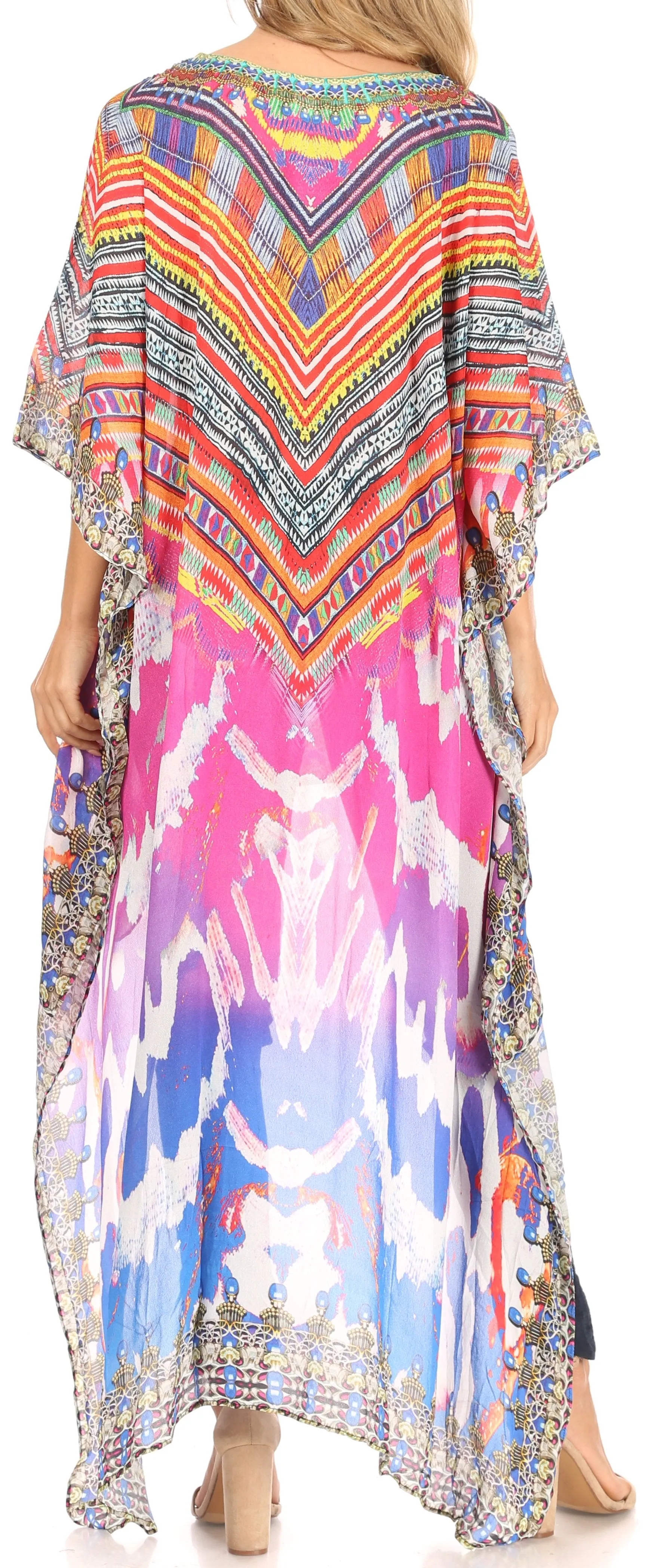 Sakkas Zeke Hi Low V-Neck Caftan Dress Printed Top Cover / Up