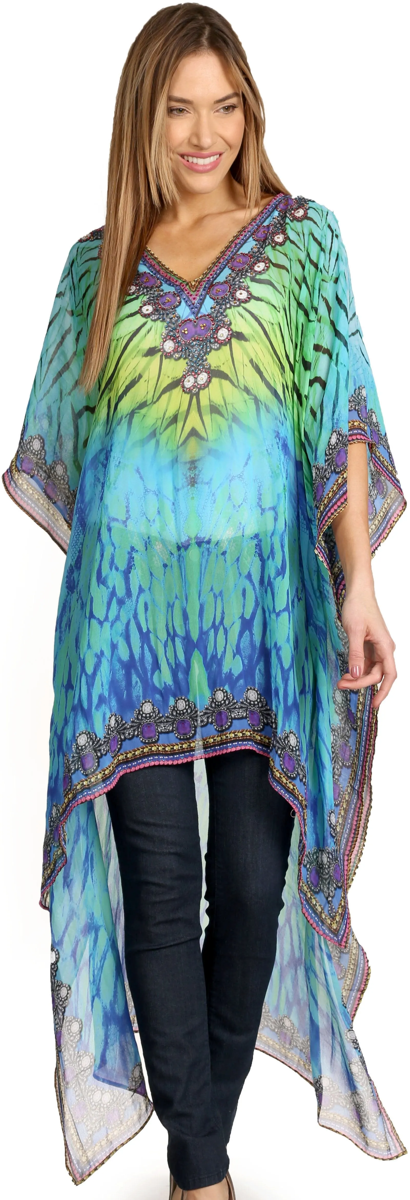 Sakkas Zeke Hi Low V-Neck Caftan Dress Printed Top Cover / Up