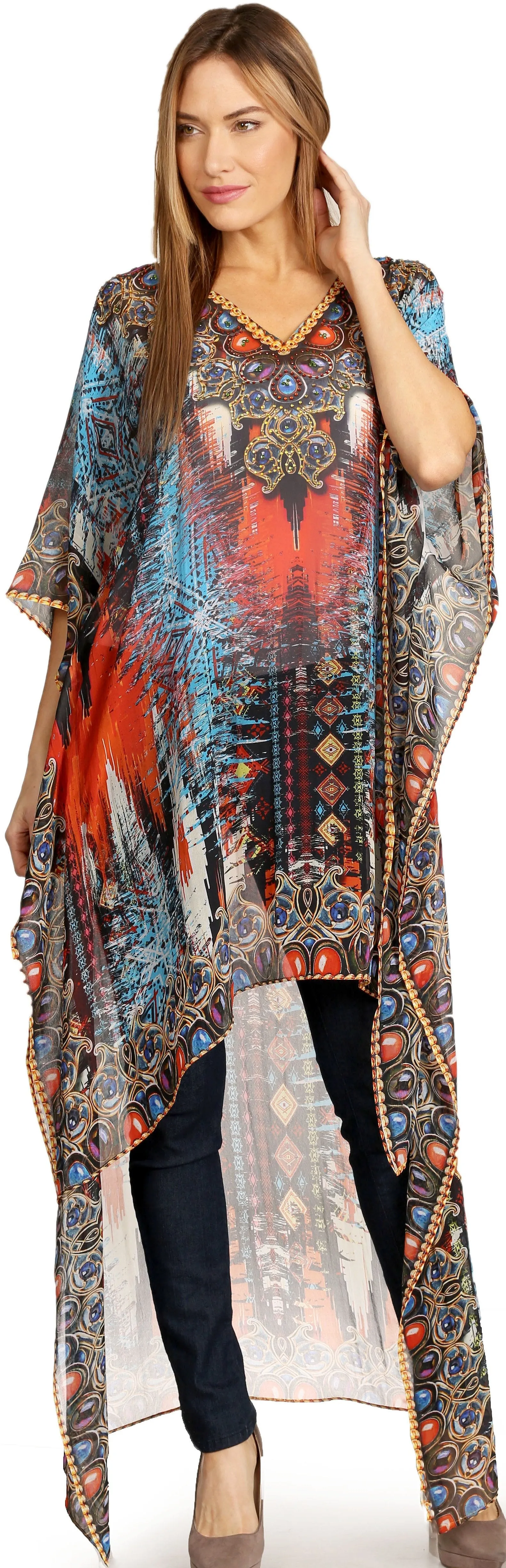 Sakkas Zeke Hi Low V-Neck Caftan Dress Printed Top Cover / Up