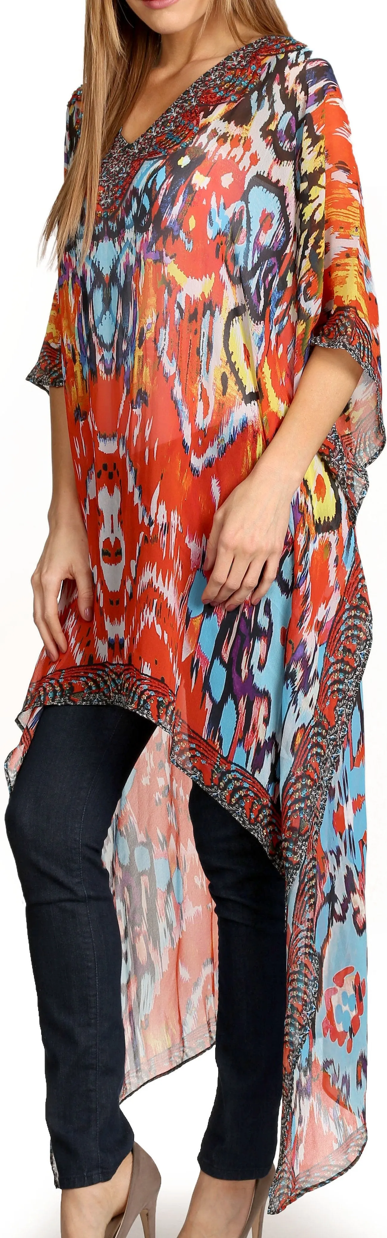 Sakkas Zeke Hi Low V-Neck Caftan Dress Printed Top Cover / Up