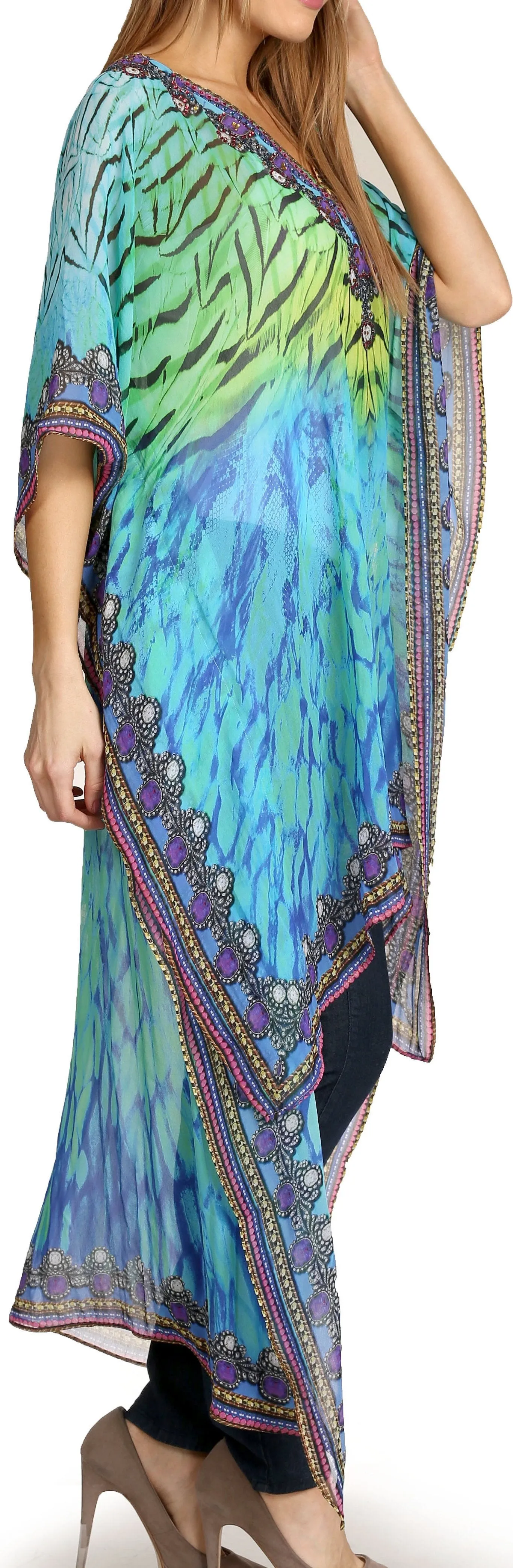 Sakkas Zeke Hi Low V-Neck Caftan Dress Printed Top Cover / Up