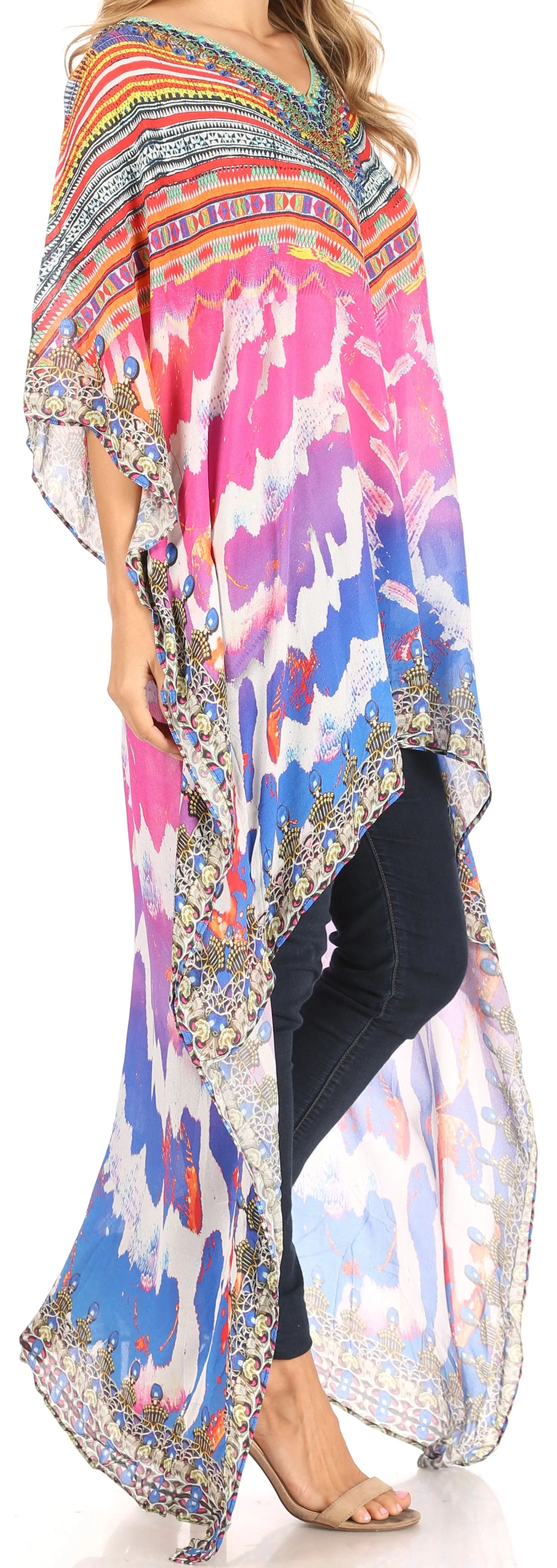 Sakkas Zeke Hi Low V-Neck Caftan Dress Printed Top Cover / Up