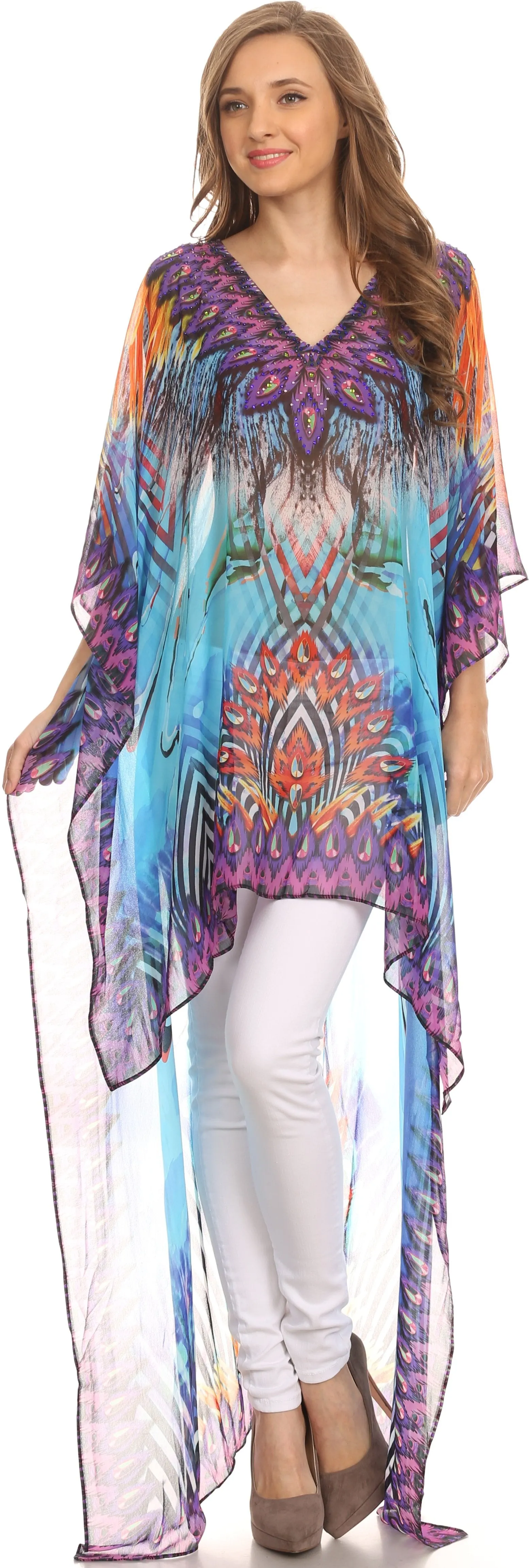 Sakkas Zeke Hi Low V-Neck Caftan Dress Printed Top Cover / Up