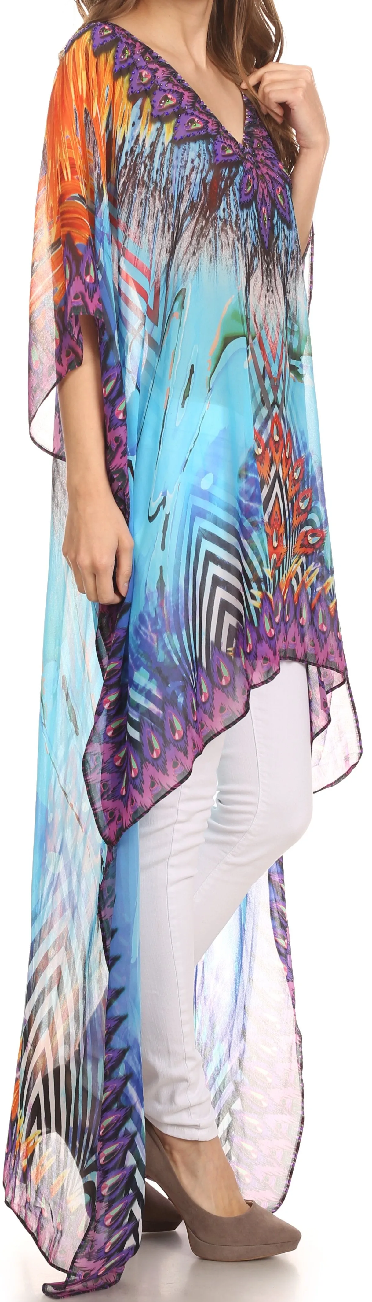 Sakkas Zeke Hi Low V-Neck Caftan Dress Printed Top Cover / Up