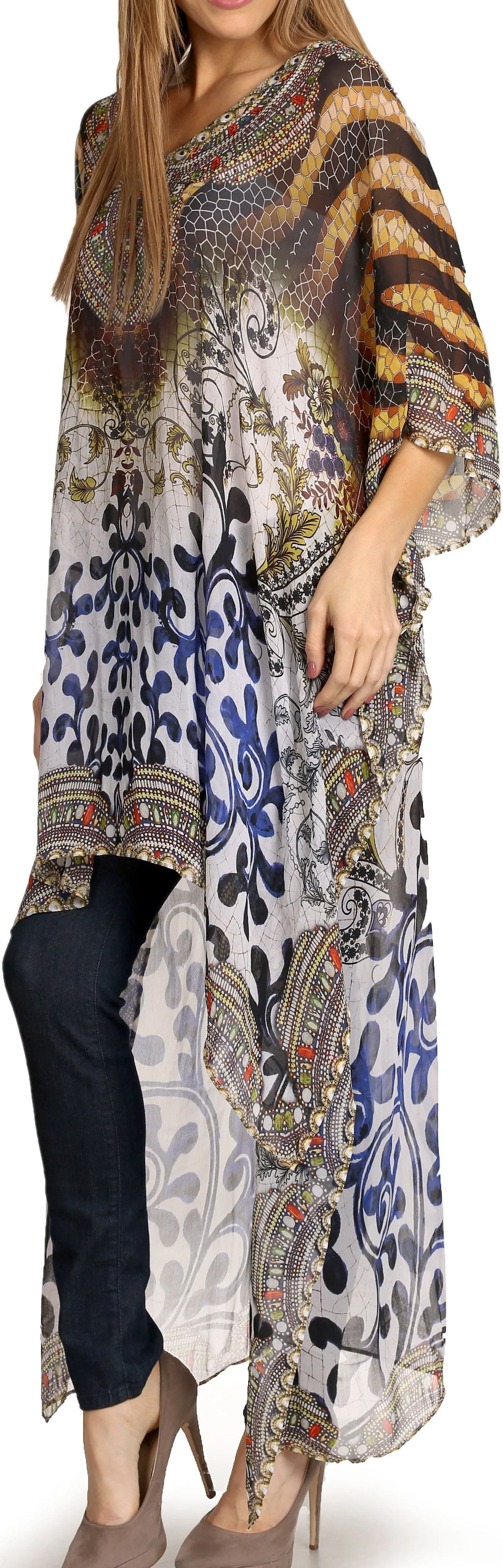 Sakkas Zeke Hi Low V-Neck Caftan Dress Printed Top Cover / Up