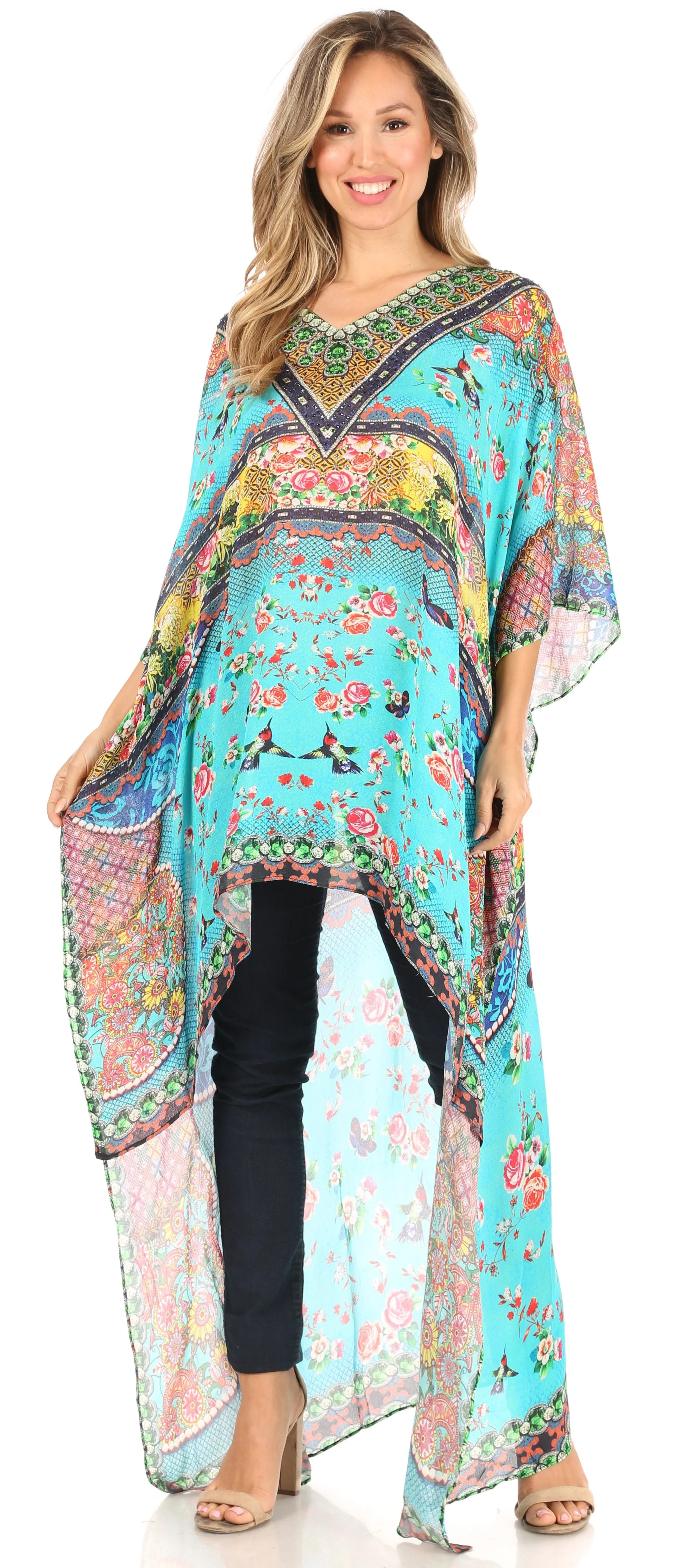 Sakkas Zeke Hi Low V-Neck Caftan Dress Printed Top Cover / Up