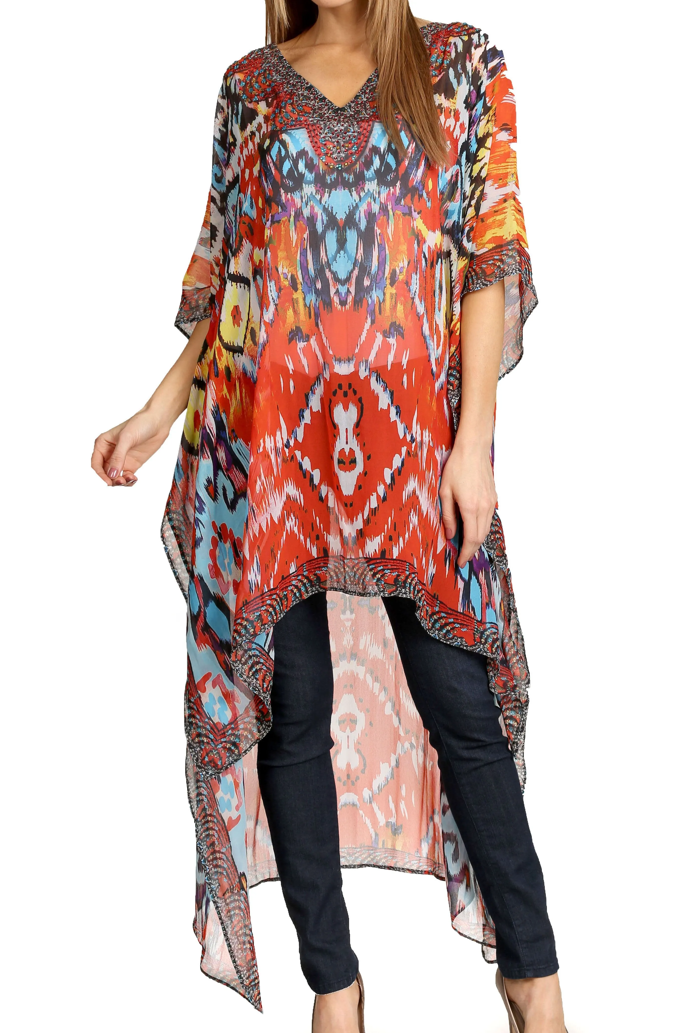 Sakkas Zeke Hi Low V-Neck Caftan Dress Printed Top Cover / Up