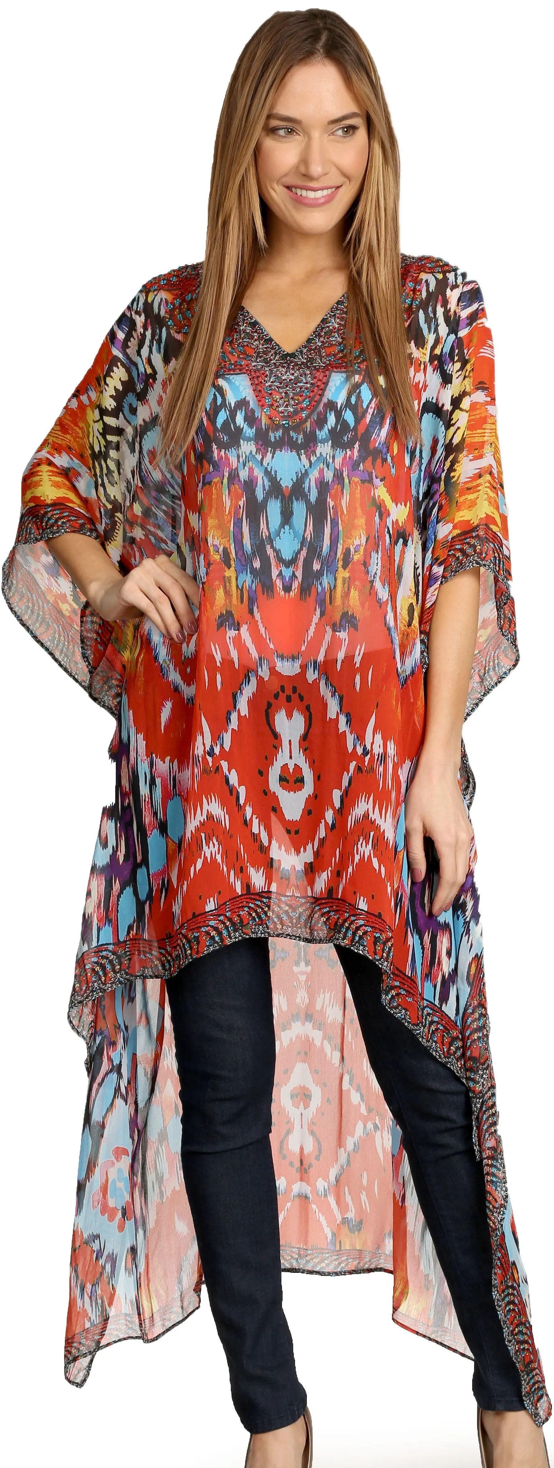 Sakkas Zeke Hi Low V-Neck Caftan Dress Printed Top Cover / Up