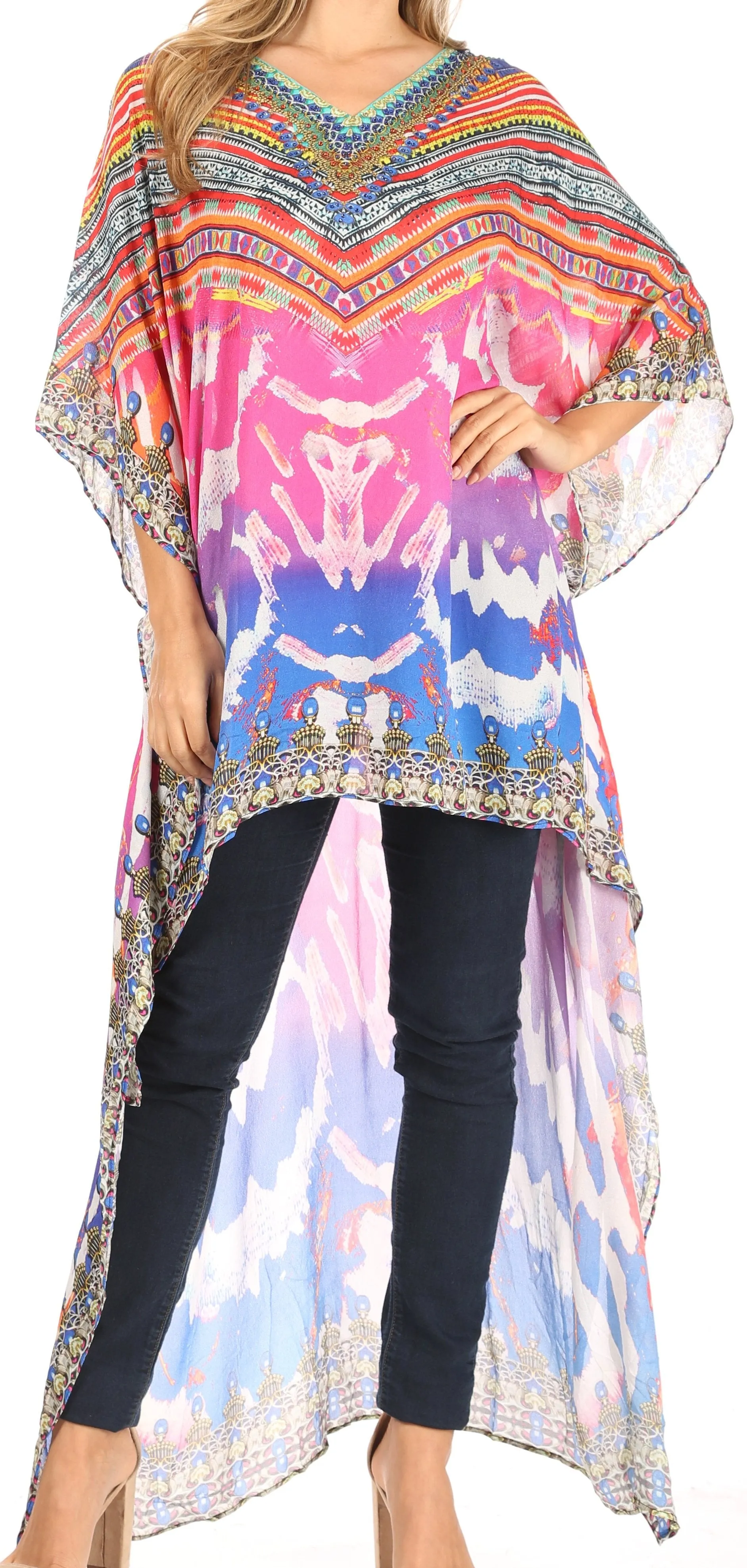 Sakkas Zeke Hi Low V-Neck Caftan Dress Printed Top Cover / Up