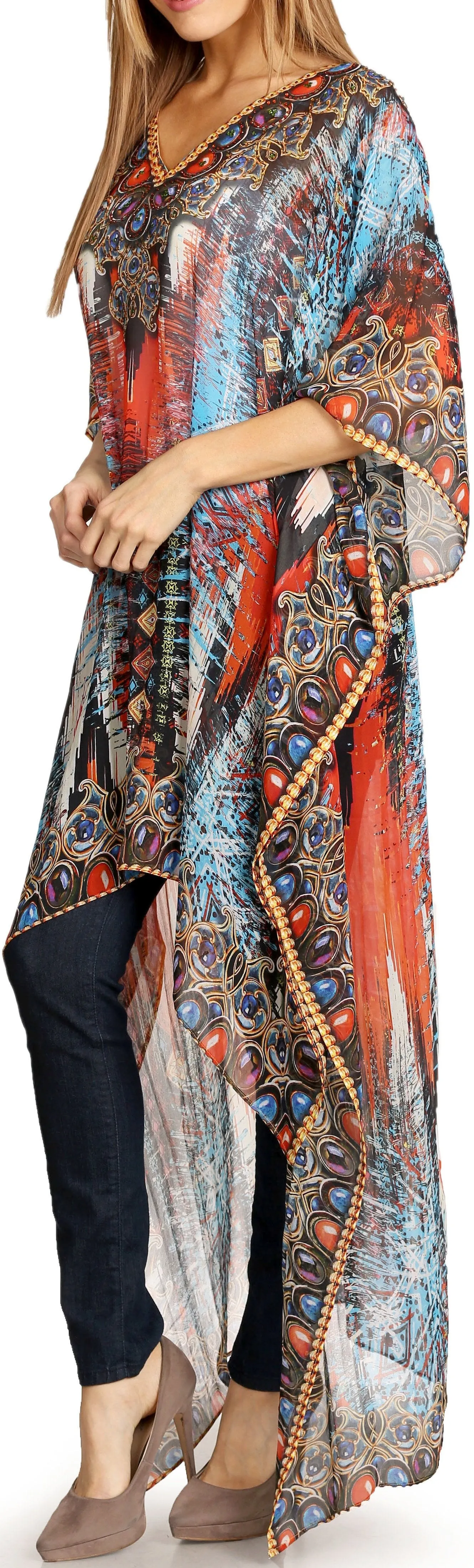 Sakkas Zeke Hi Low V-Neck Caftan Dress Printed Top Cover / Up