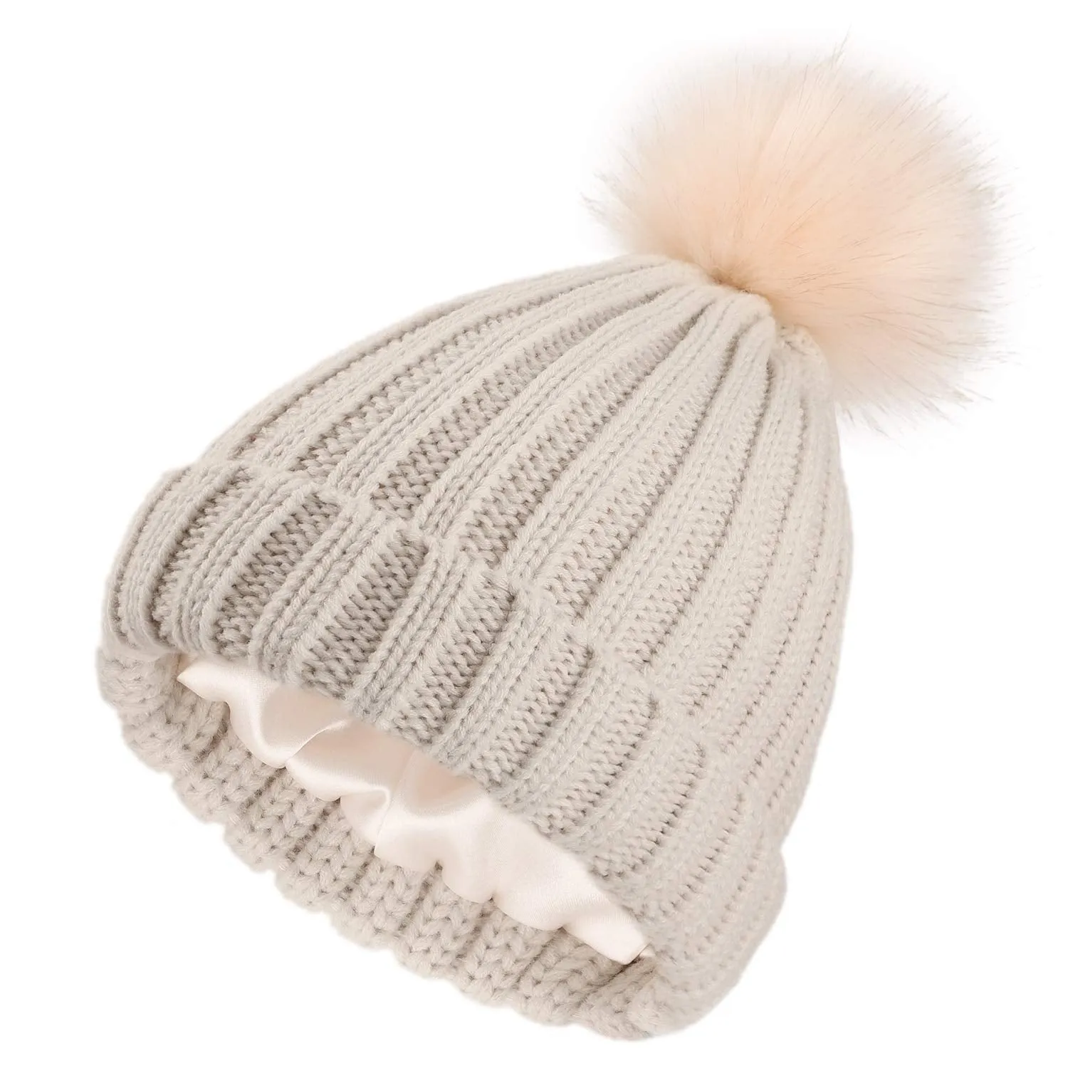 Satin Lined Pom Beanie Hats