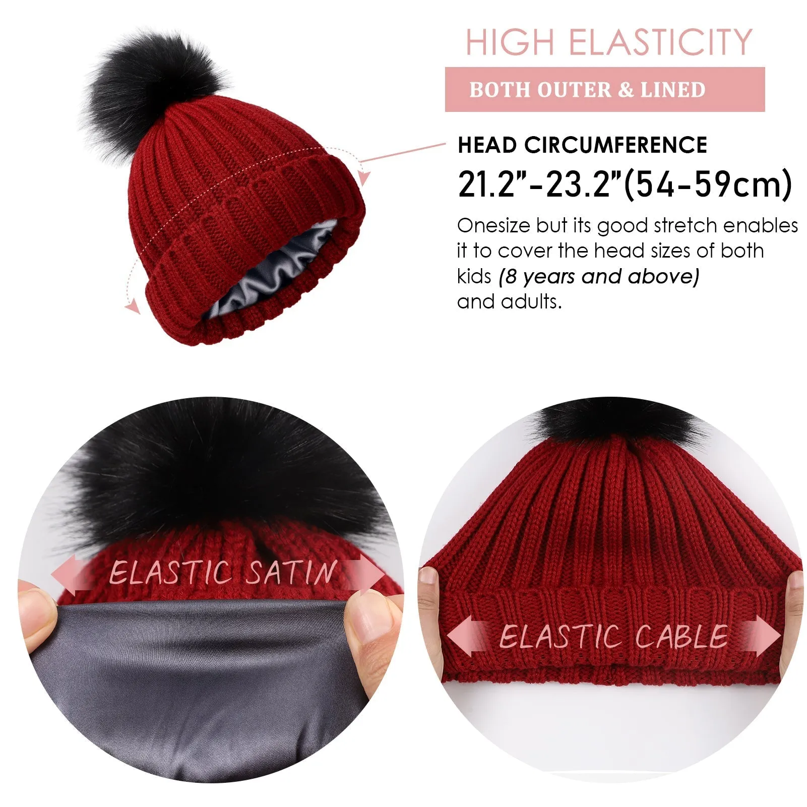 Satin Lined Pom Beanie Hats