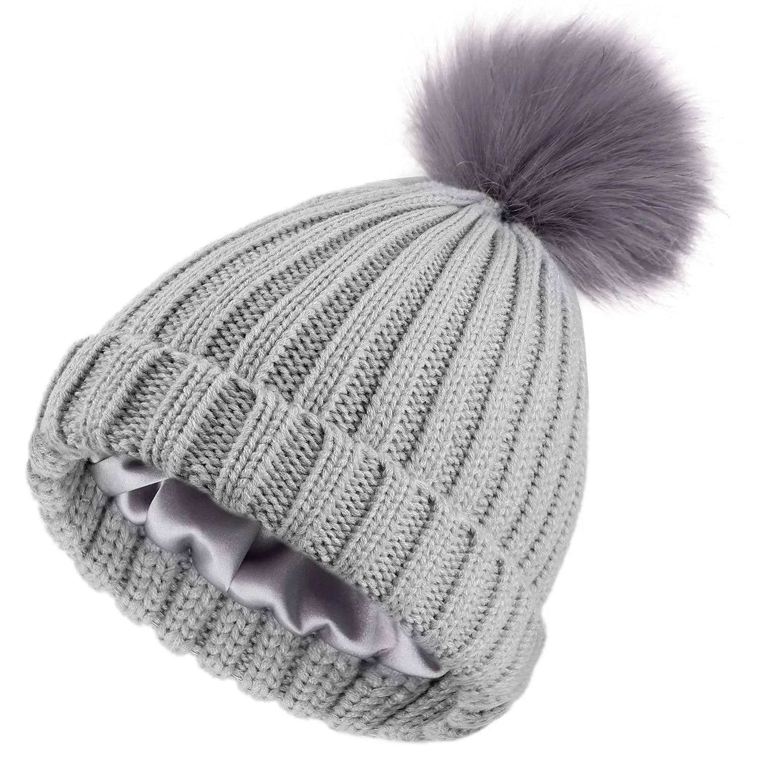 Satin Lined Pom Beanie Hats