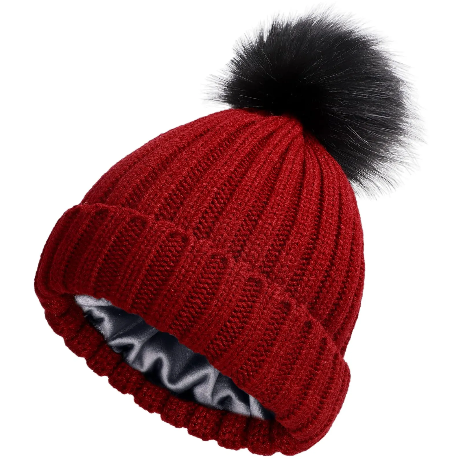 Satin Lined Pom Beanie Hats