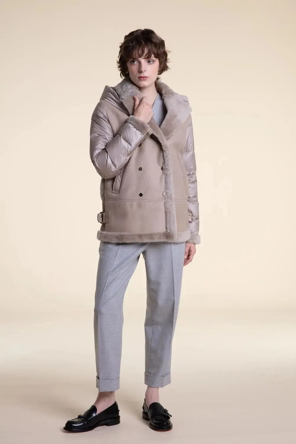 Shearling jacket with down sleeves