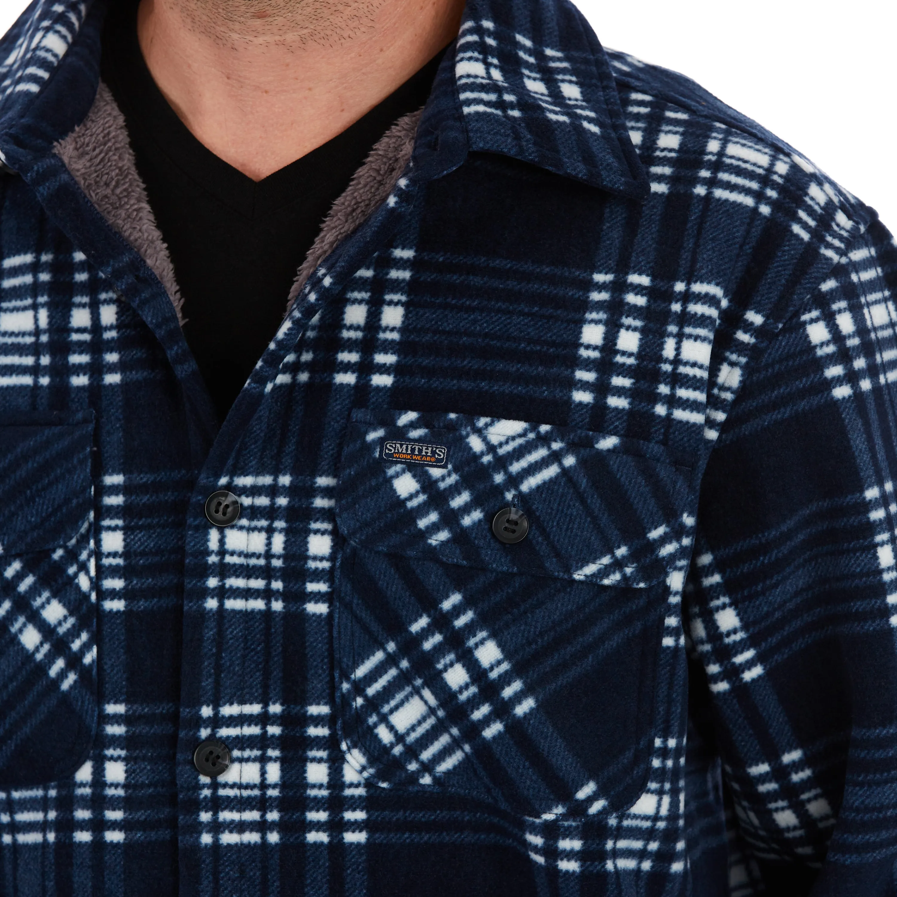 SHERPA-LINED PLAID FLEECE SHIRT JACKET