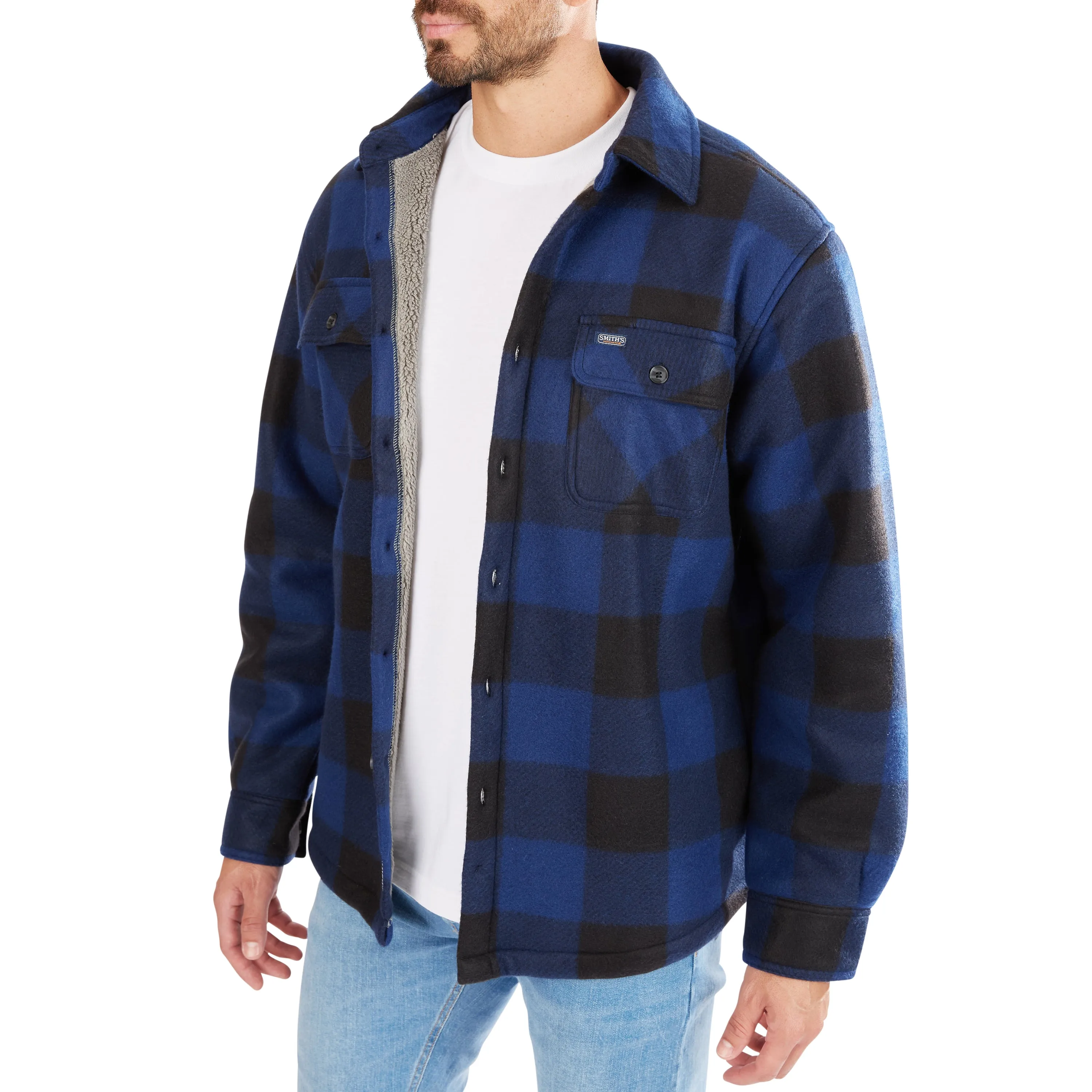 SHERPA-LINED PLAID FLEECE SHIRT JACKET