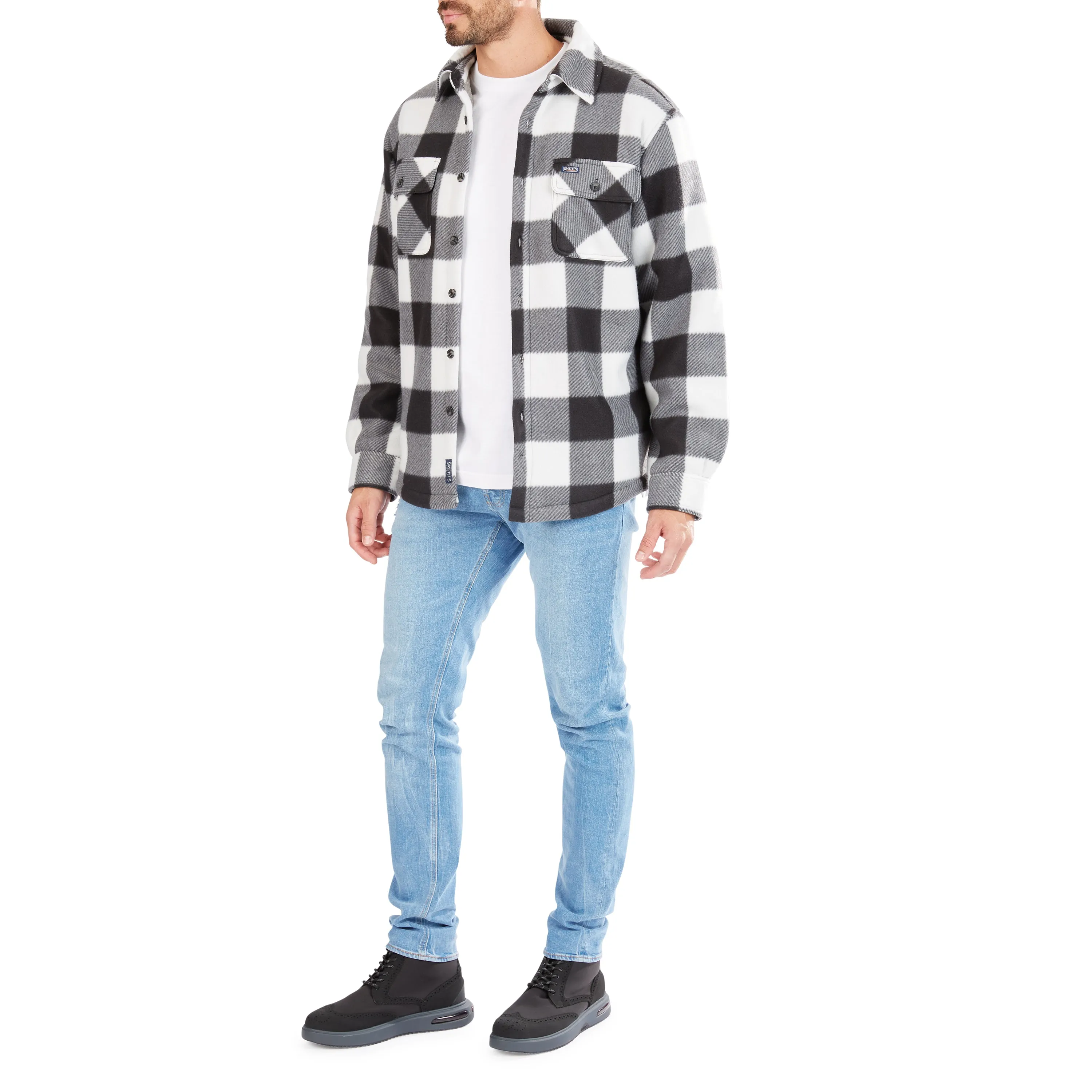 SHERPA-LINED PLAID FLEECE SHIRT JACKET