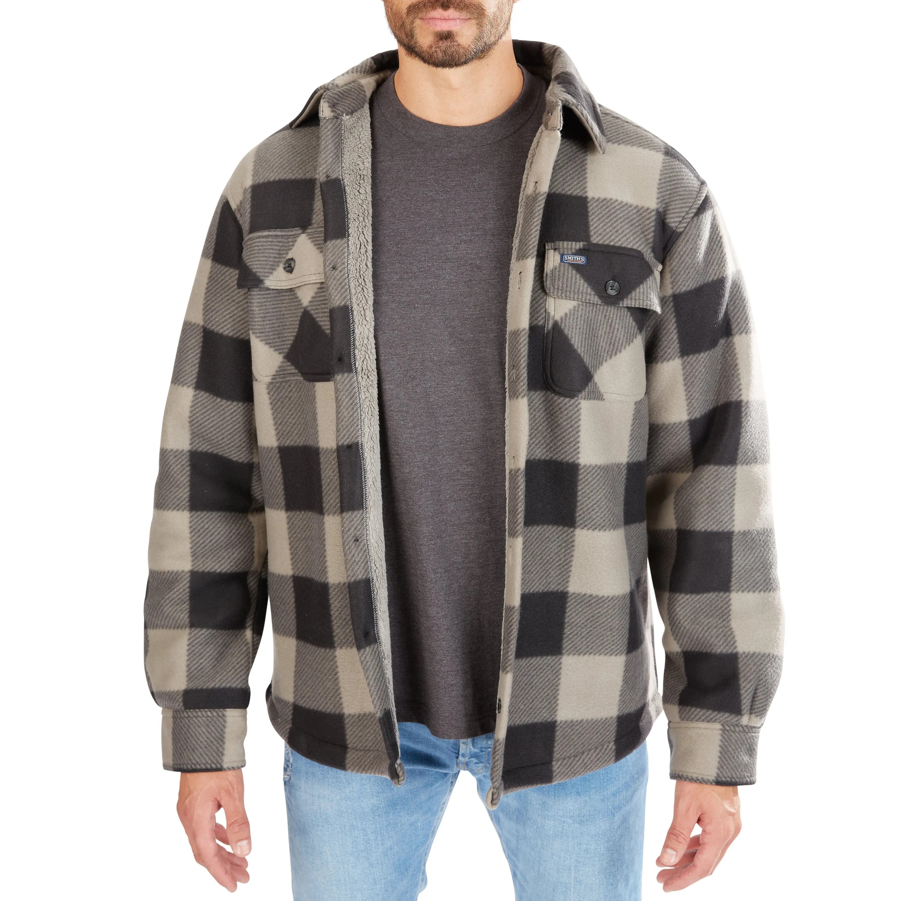 SHERPA-LINED PLAID FLEECE SHIRT JACKET