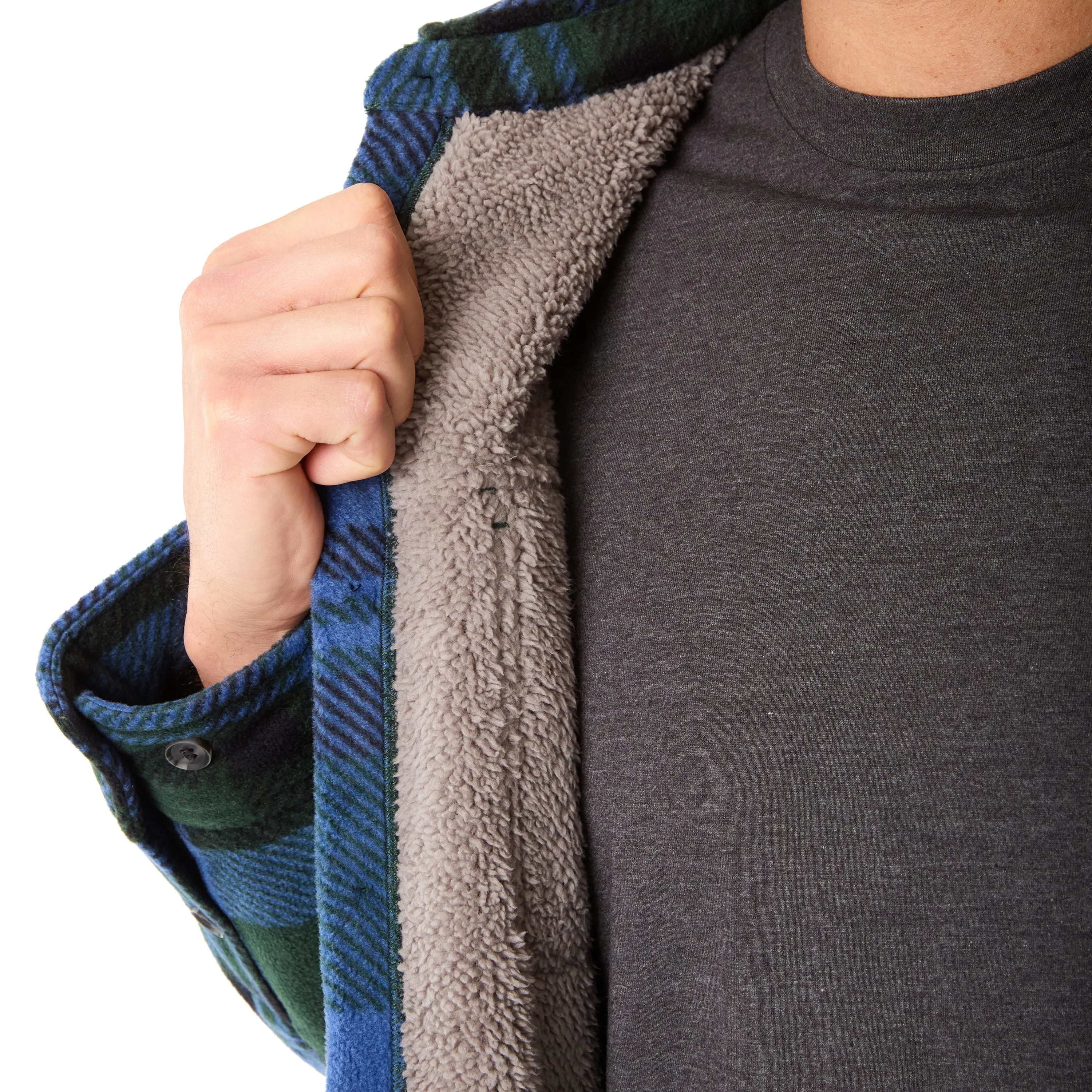 SHERPA-LINED PLAID FLEECE SHIRT JACKET