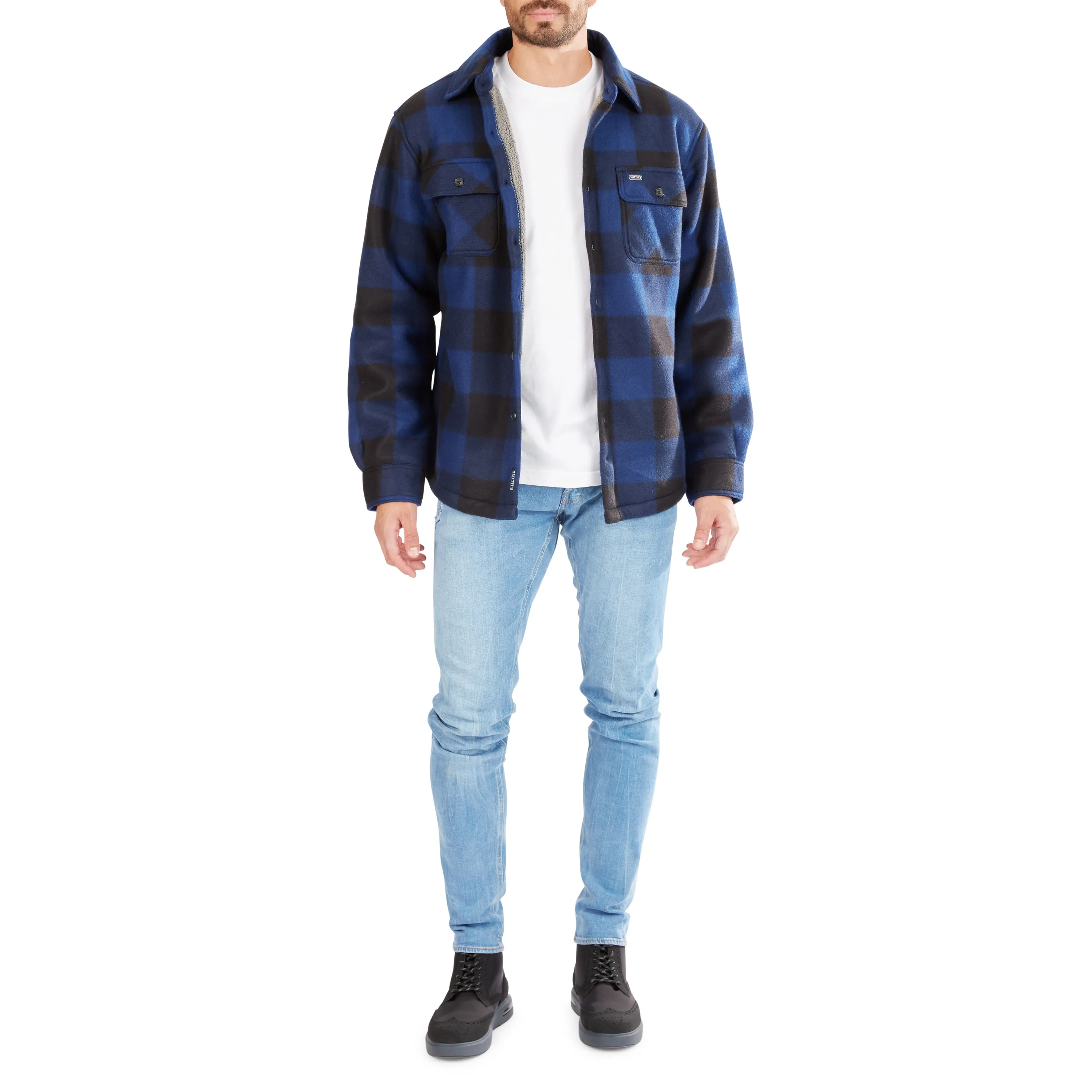 SHERPA-LINED PLAID FLEECE SHIRT JACKET