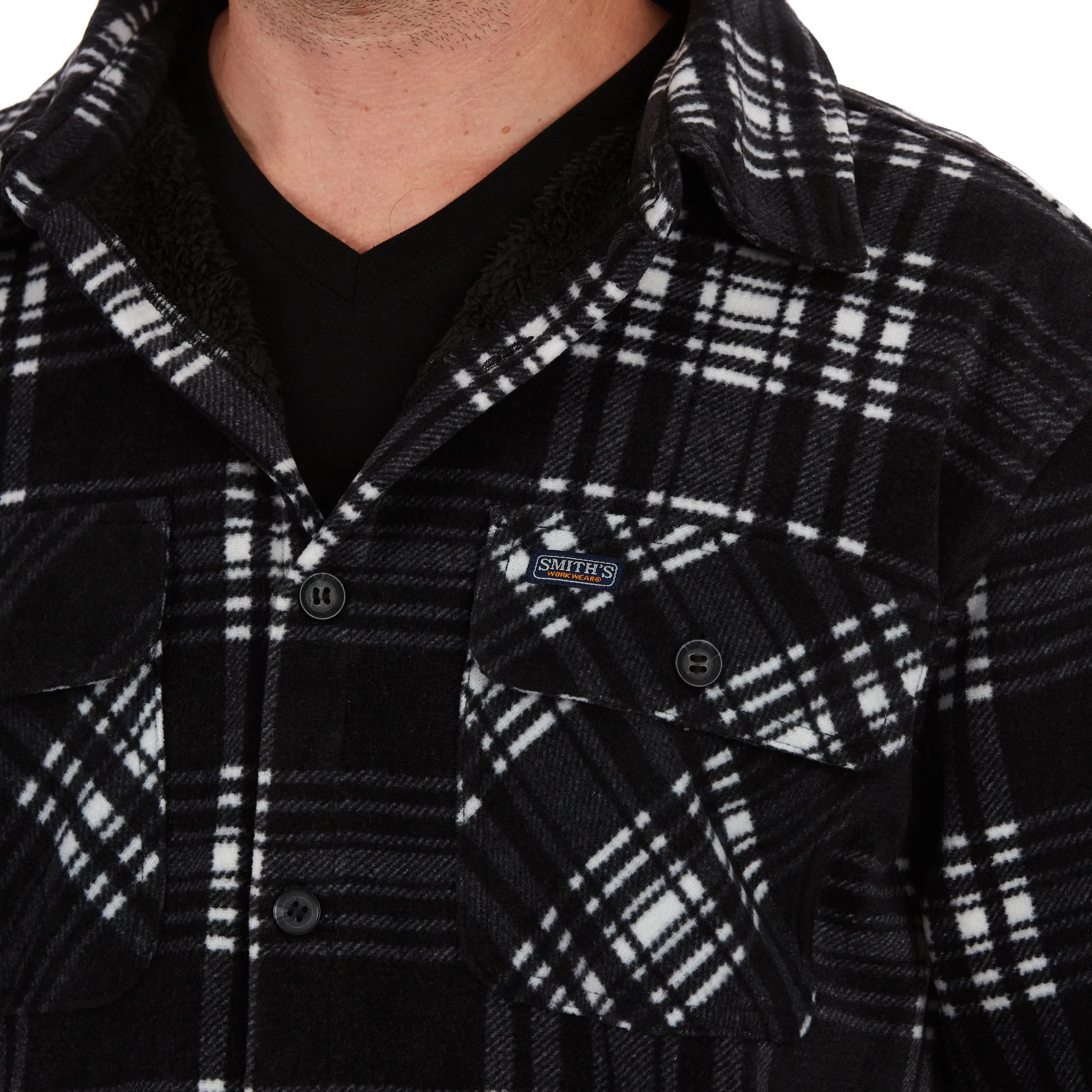 SHERPA-LINED PLAID FLEECE SHIRT JACKET