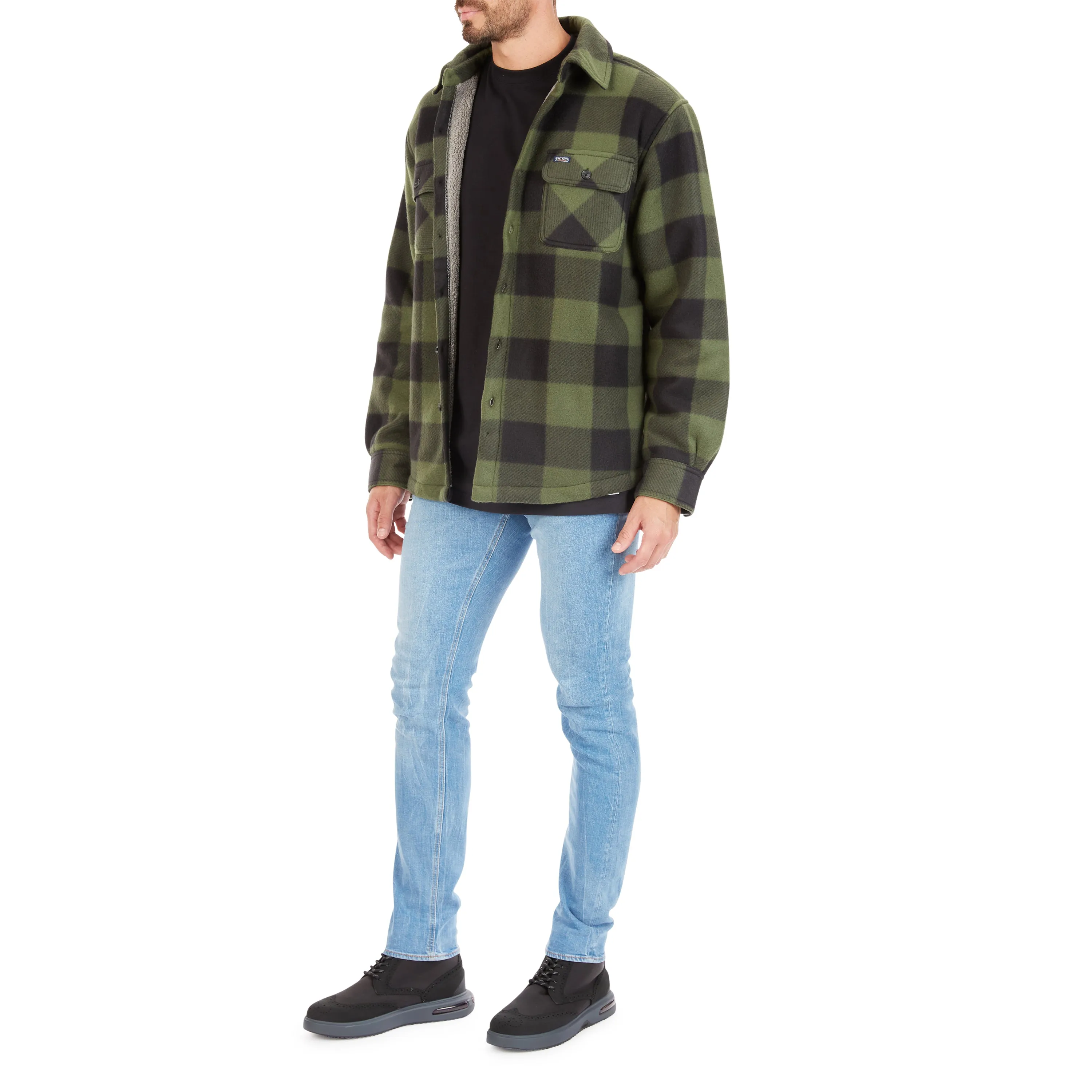 SHERPA-LINED PLAID FLEECE SHIRT JACKET