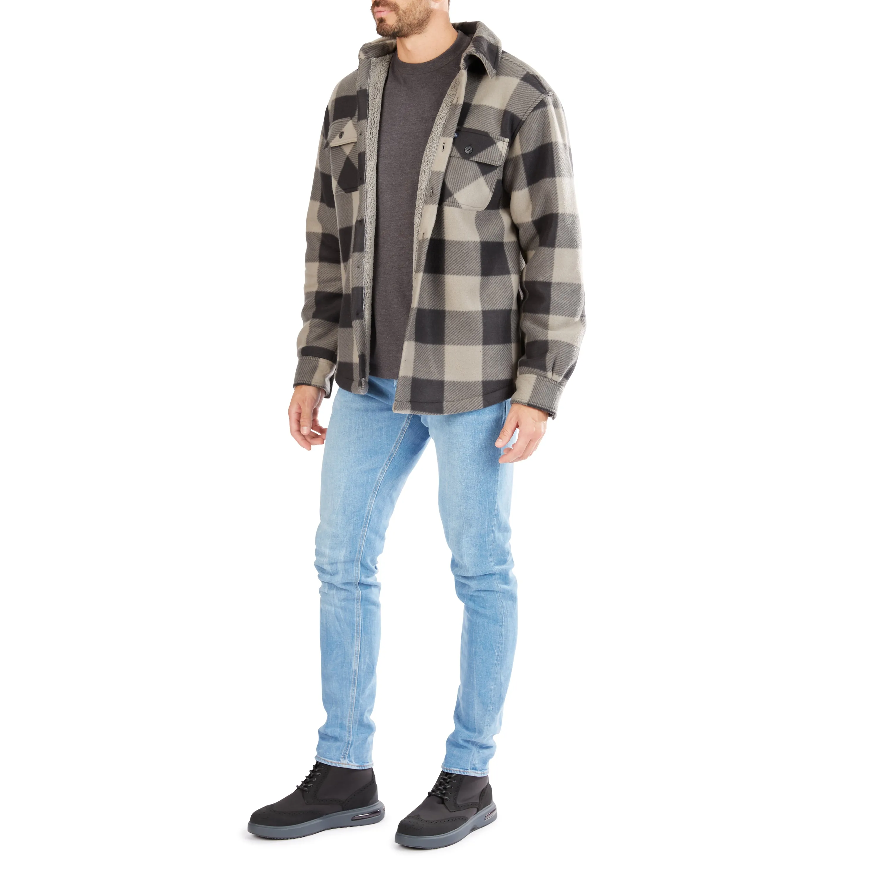 SHERPA-LINED PLAID FLEECE SHIRT JACKET