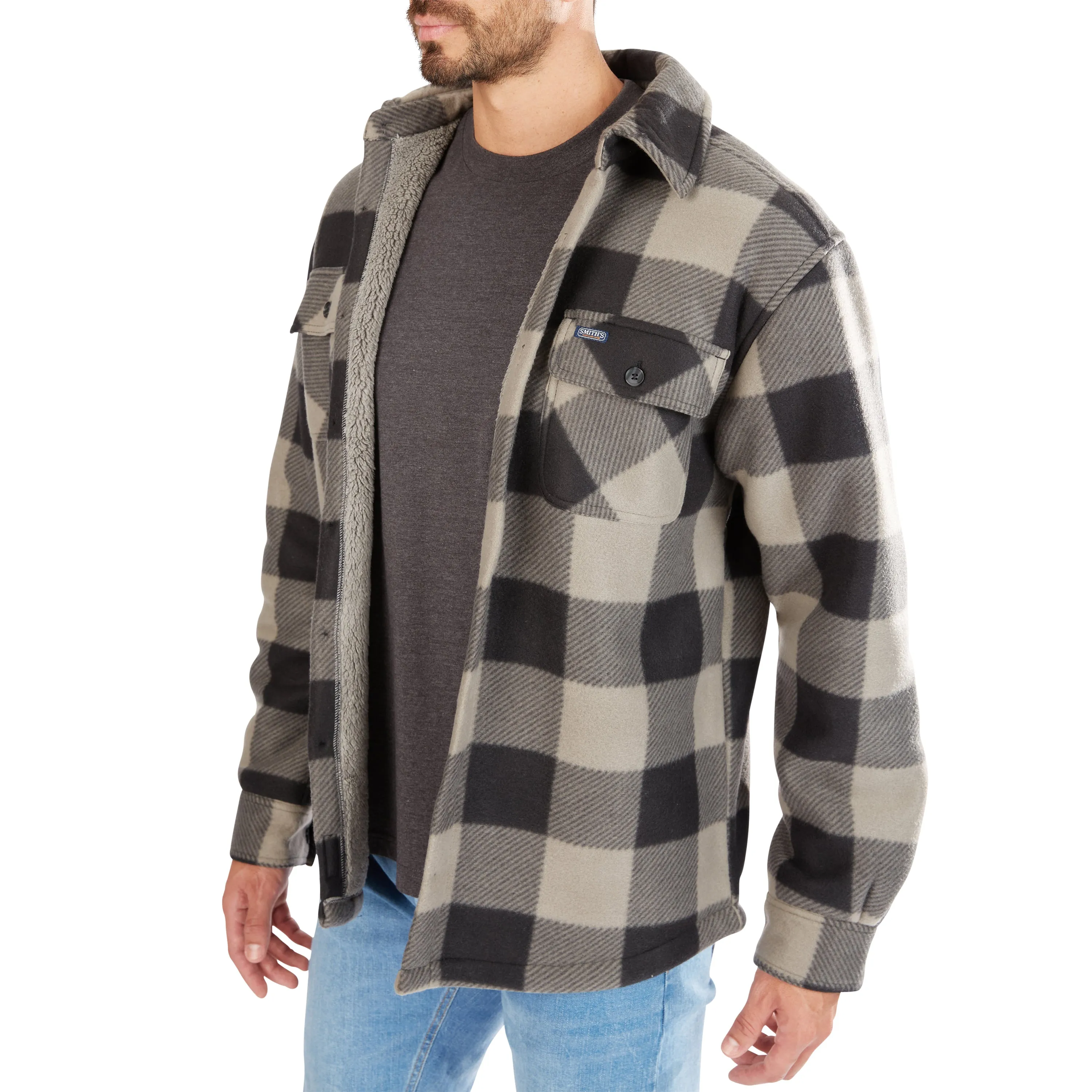 SHERPA-LINED PLAID FLEECE SHIRT JACKET