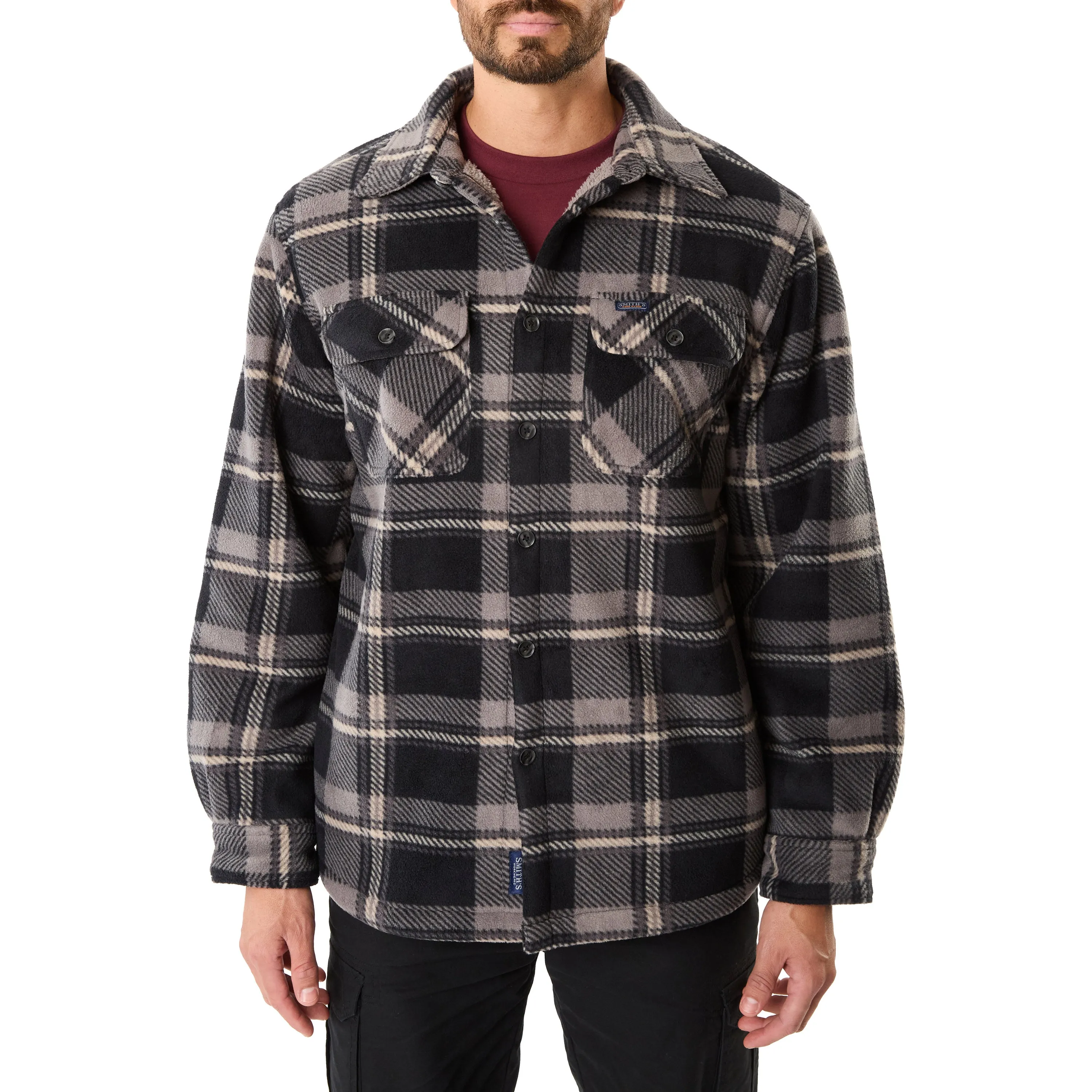 SHERPA-LINED PLAID FLEECE SHIRT JACKET