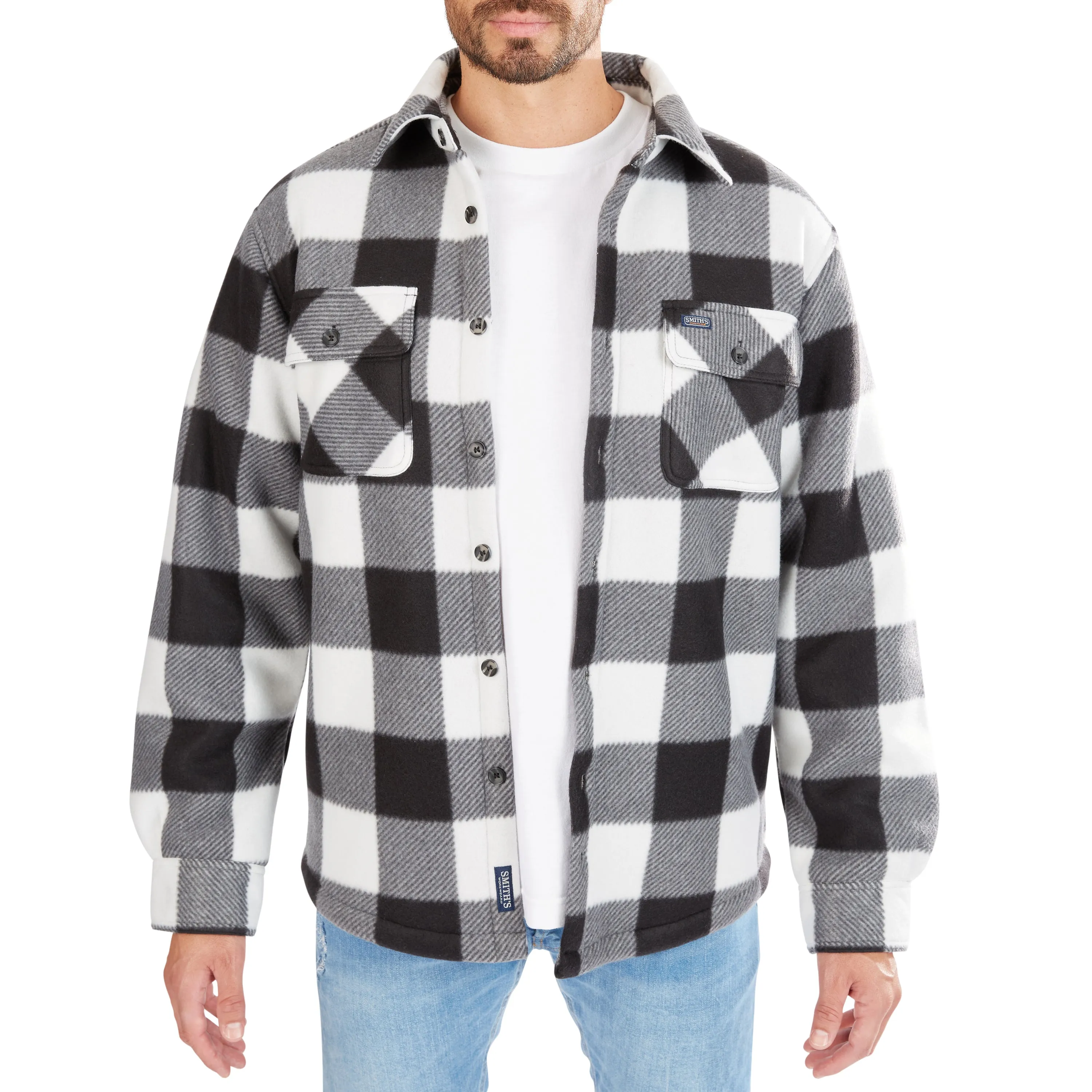 SHERPA-LINED PLAID FLEECE SHIRT JACKET