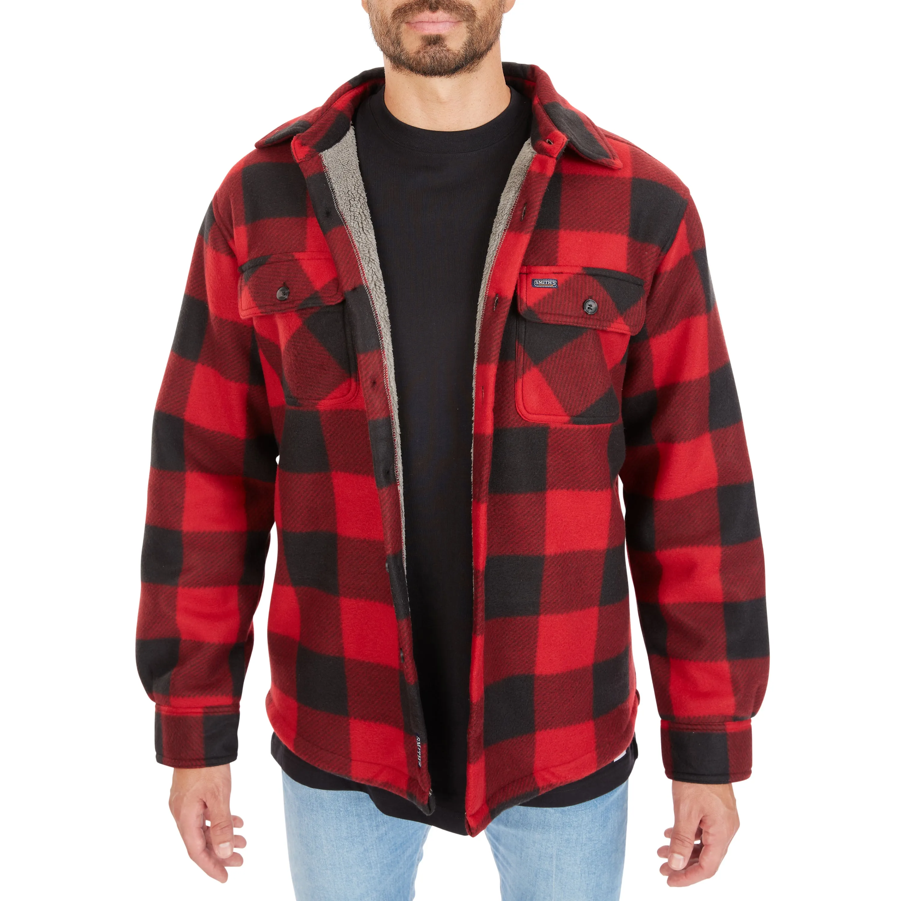 SHERPA-LINED PLAID FLEECE SHIRT JACKET