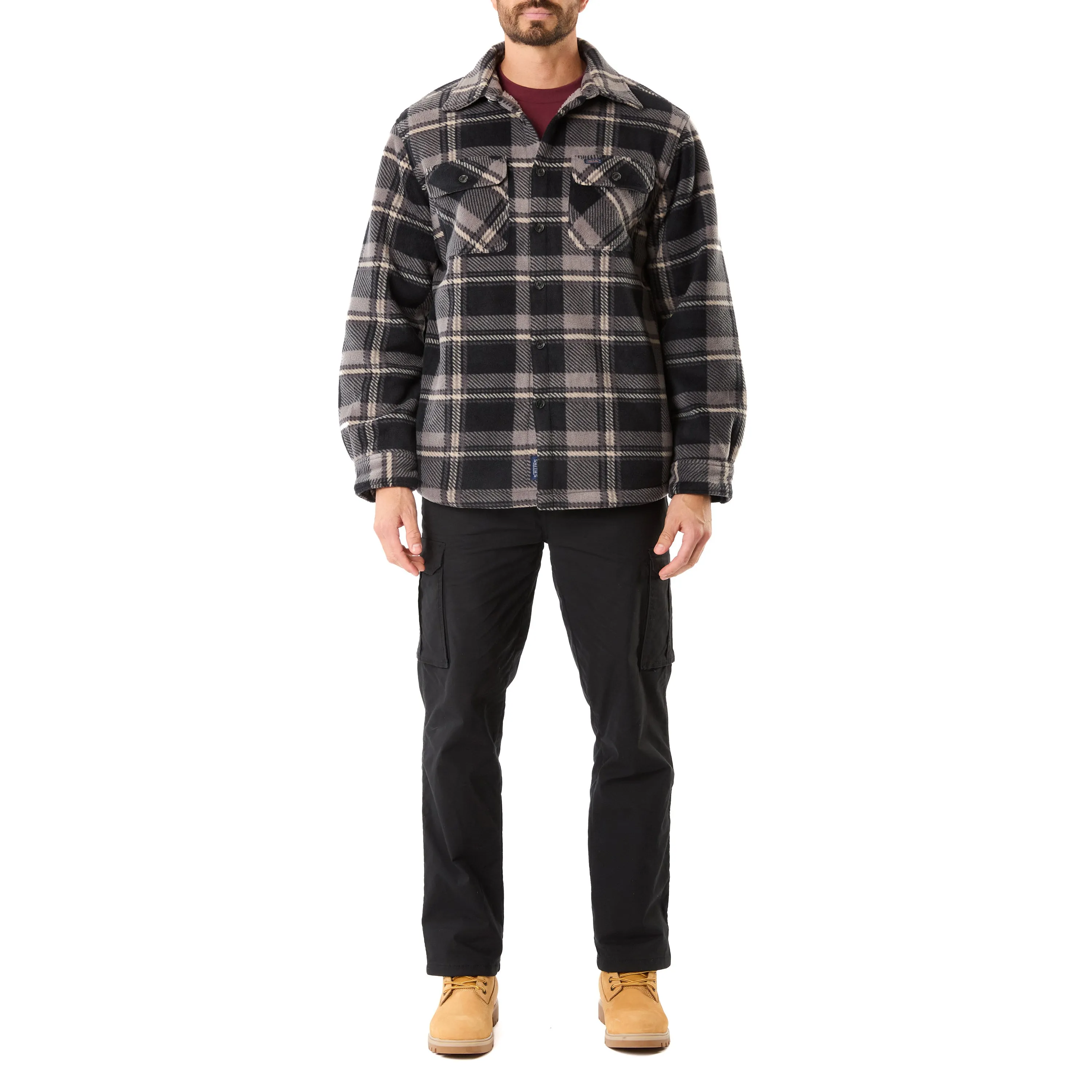 SHERPA-LINED PLAID FLEECE SHIRT JACKET