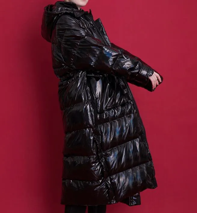 Shiny Black Long Women Winter Plus size Side Pockets Down Jacket Women Down Coats Any Size