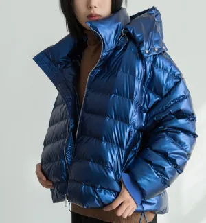 Shiny Hooded Short Women Winter Loose Down Jacket Women Down Coats Any Size