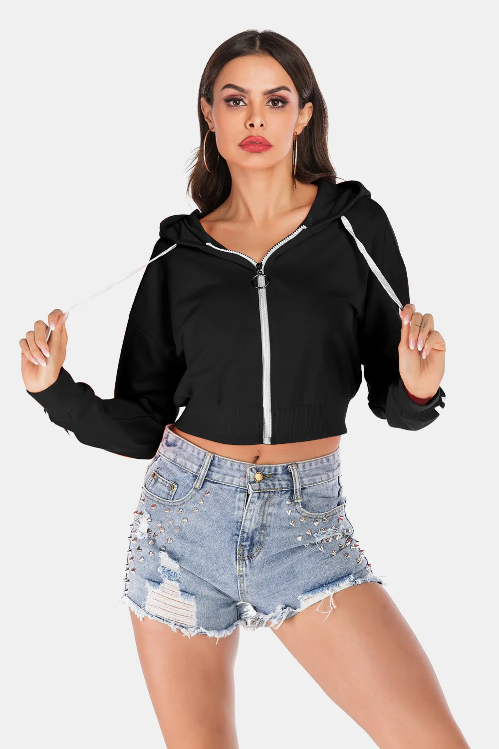 Side Stripe Drawstring Cropped Hooded Jacket