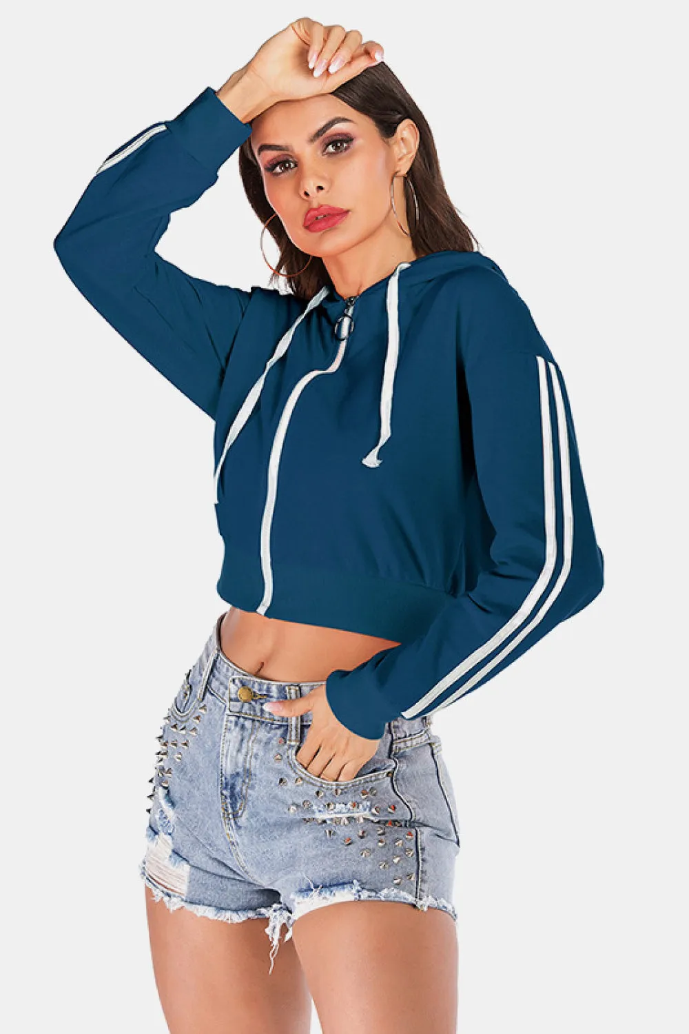 Side Stripe Drawstring Cropped Hooded Jacket