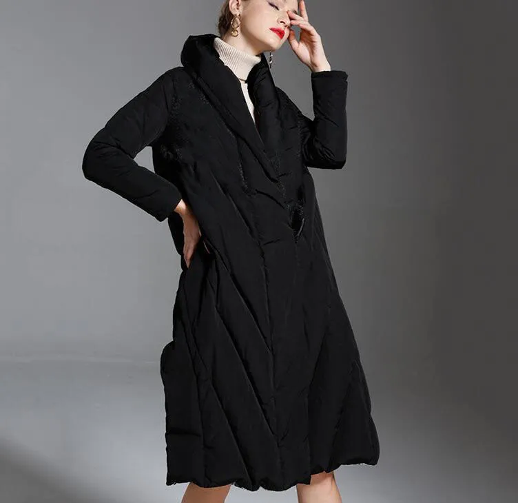 Slit A-line Long Loose Women Down Coat Winter Loose 90% Duck Down Jackets With Large Collar