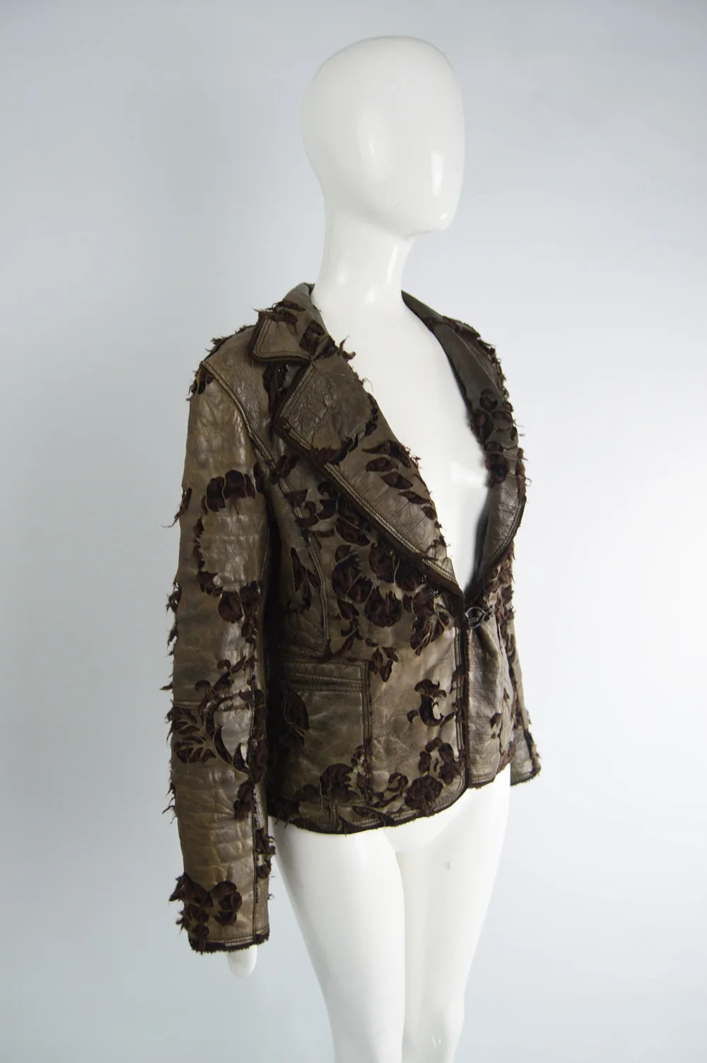 Sylvie Schimmel Paris Vintage Brown Cut Out Leather & Shearling Jacket, 1990s