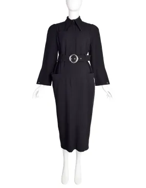 Thierry Mugler Vintage 1980s Black Wool Belted Shirt Dress