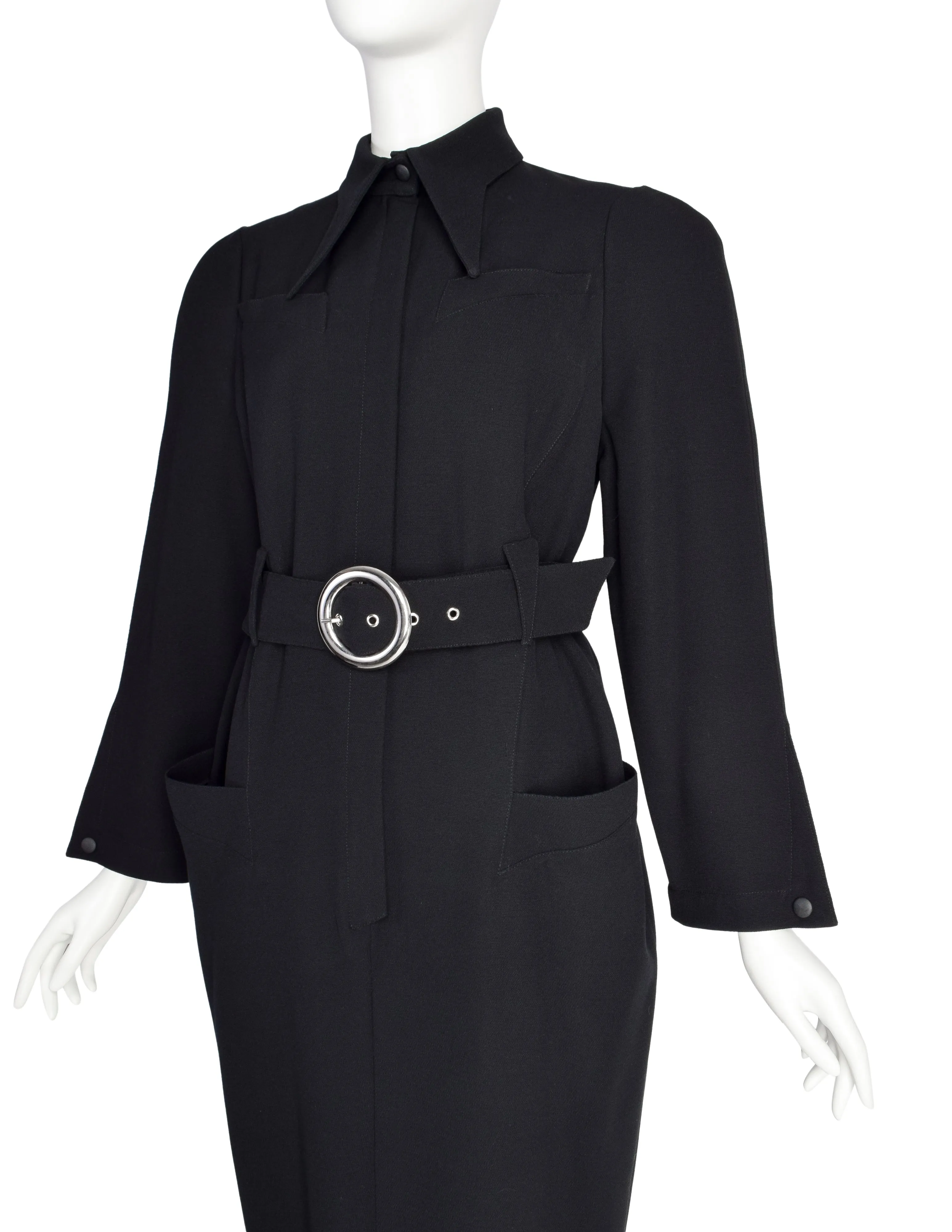 Thierry Mugler Vintage 1980s Black Wool Belted Shirt Dress