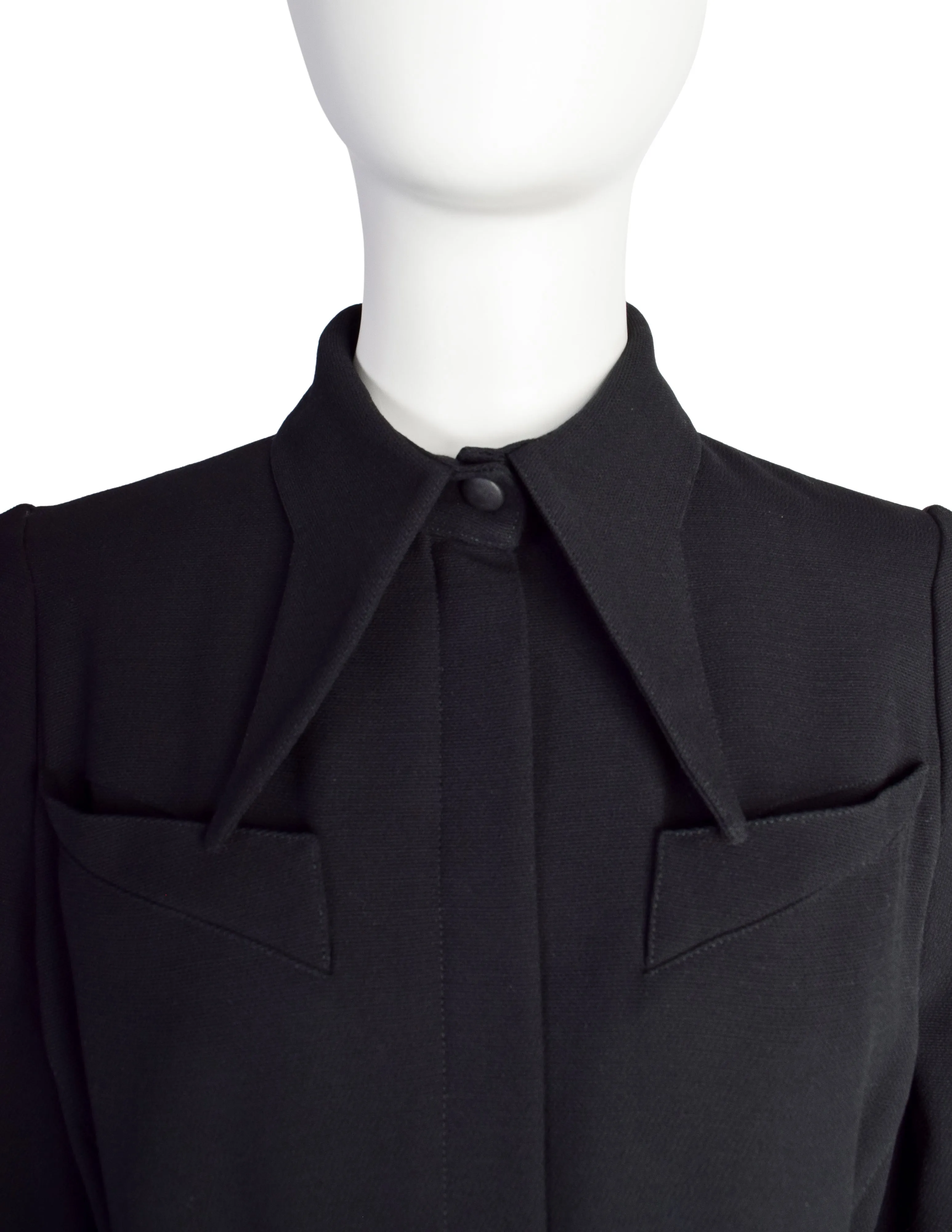 Thierry Mugler Vintage 1980s Black Wool Belted Shirt Dress