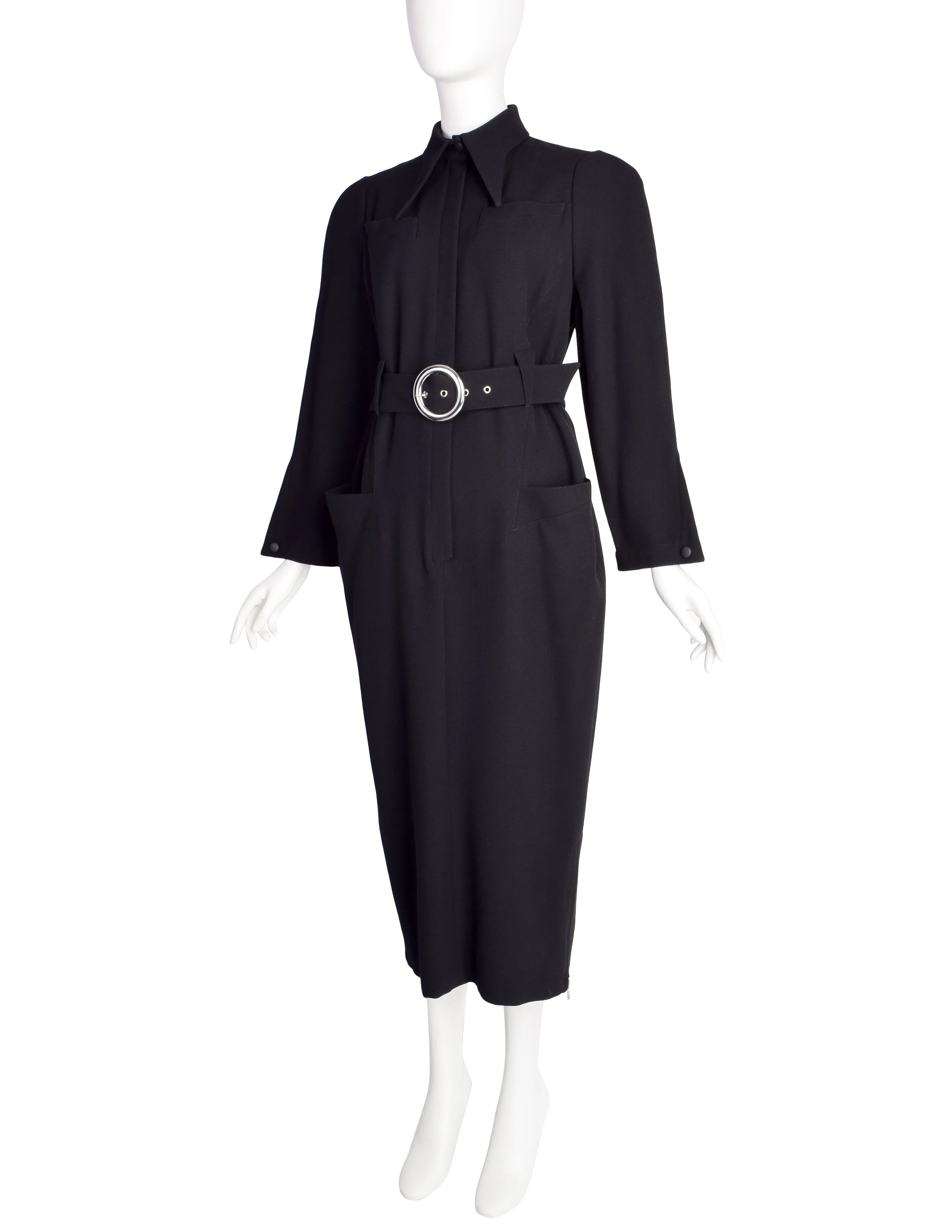 Thierry Mugler Vintage 1980s Black Wool Belted Shirt Dress