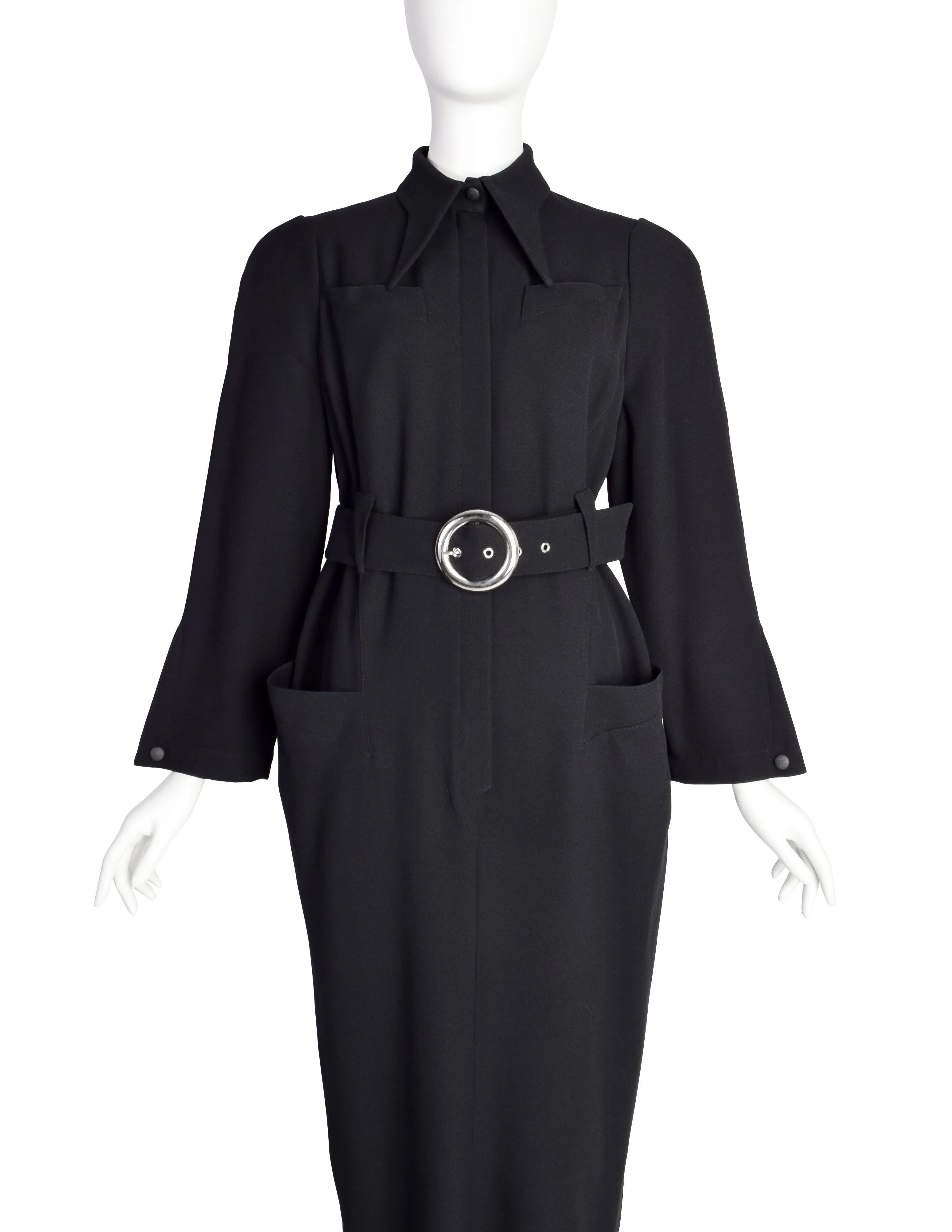 Thierry Mugler Vintage 1980s Black Wool Belted Shirt Dress