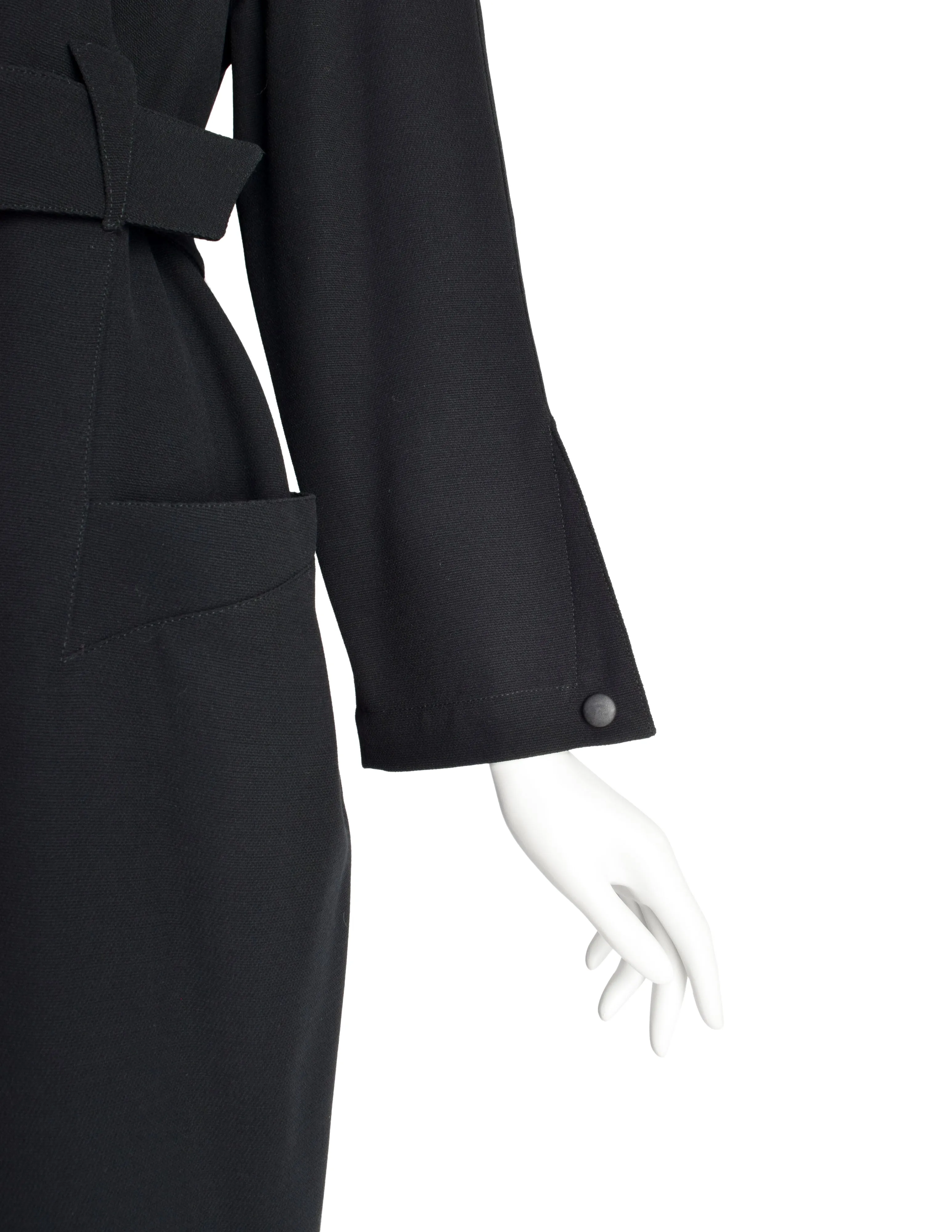 Thierry Mugler Vintage 1980s Black Wool Belted Shirt Dress