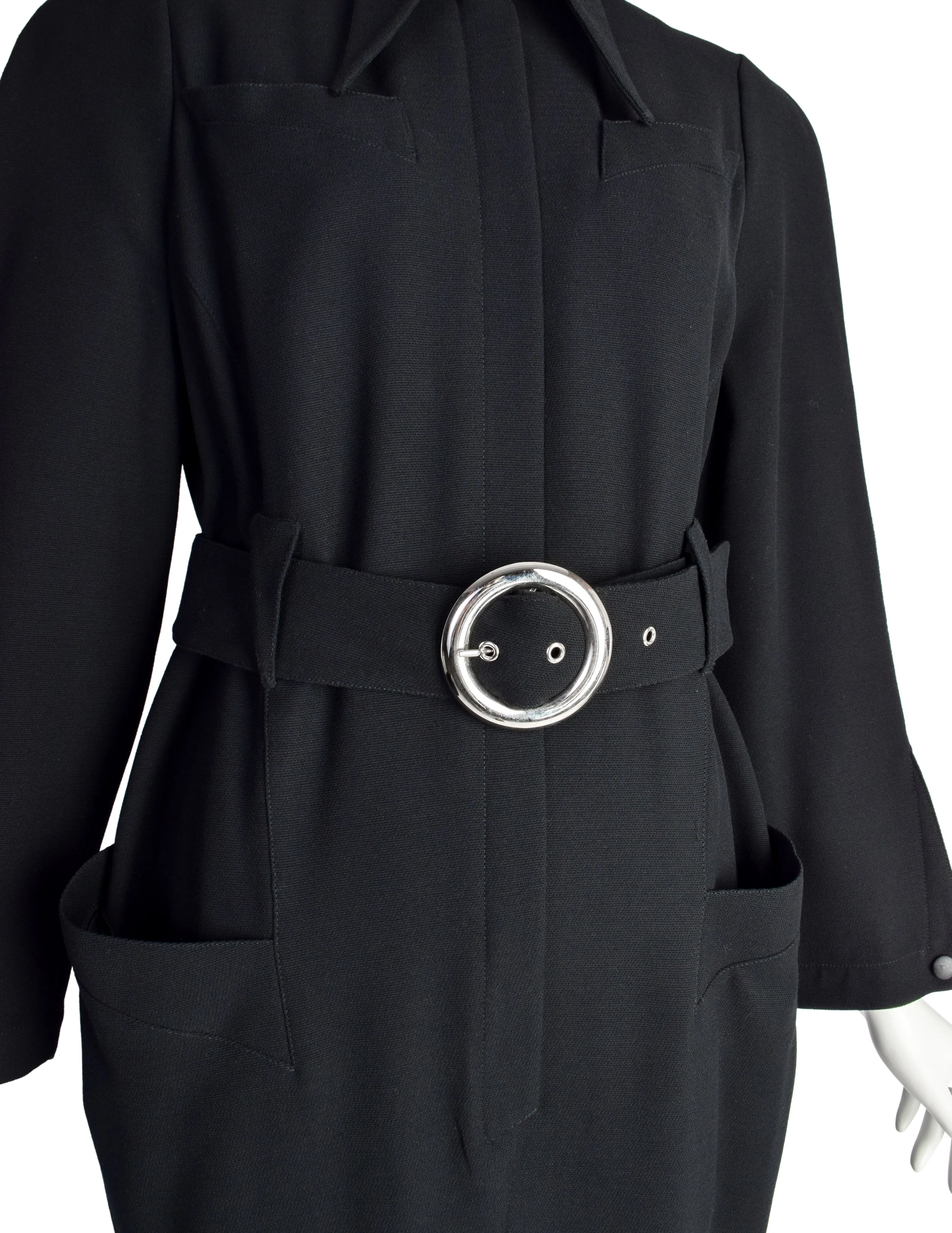 Thierry Mugler Vintage 1980s Black Wool Belted Shirt Dress